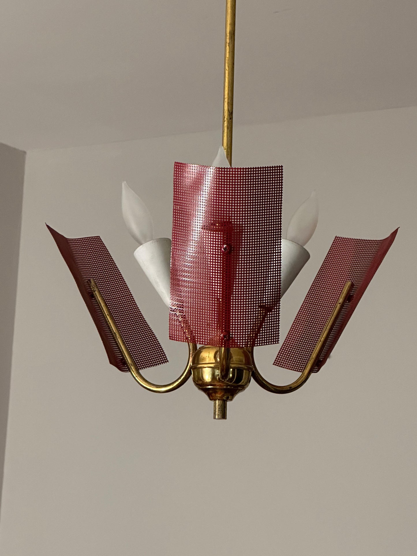 Frisman Vintage Mid Century Modern Perforated Red Metal and Brass Chandelier