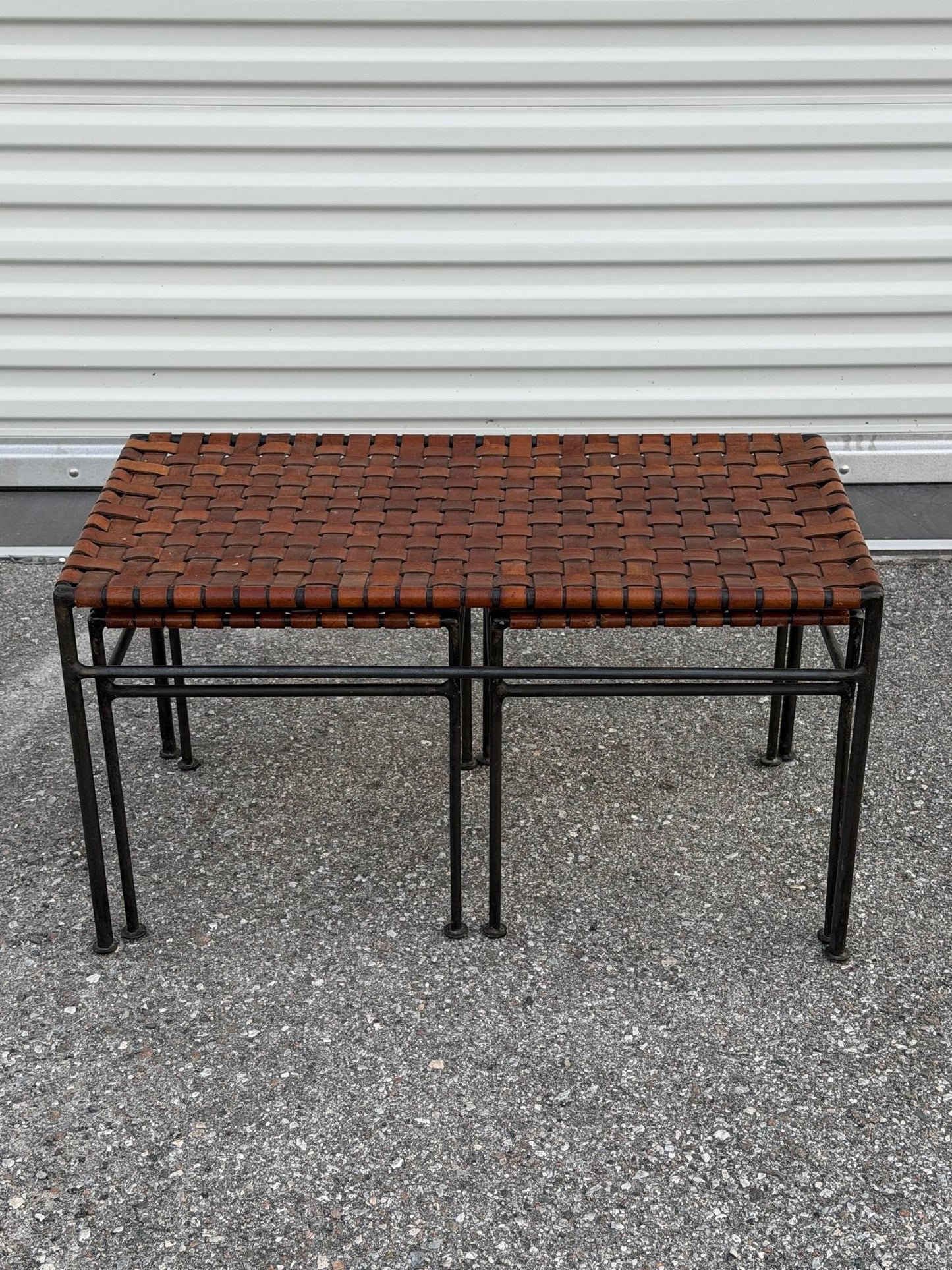 Frisman Vintage A Set Of Stools And Bench Wrought Iron Leather ca' 1980's Patina