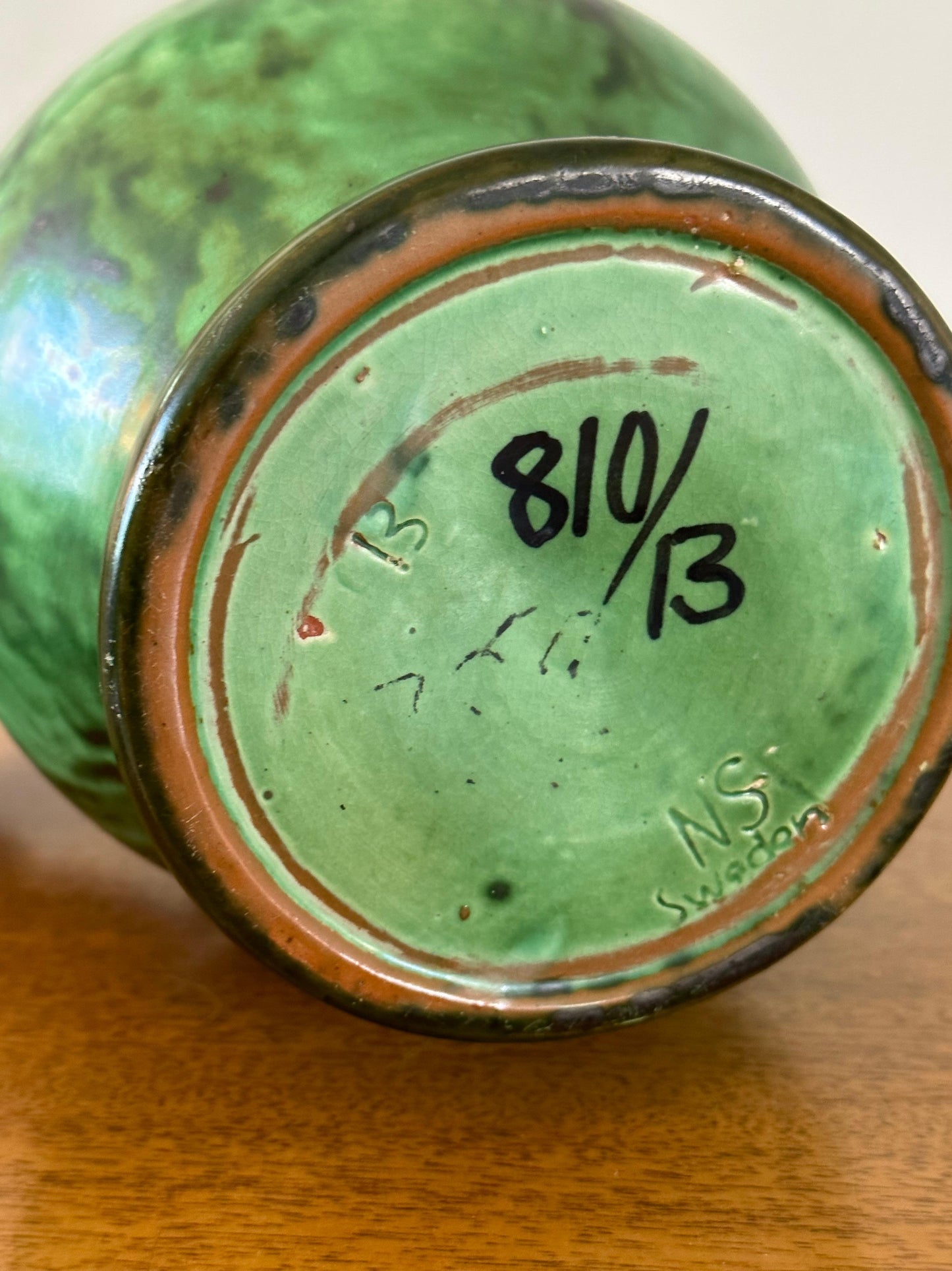 Frisman Vintage Erik Mornils Handled Pitcher Vase for Nittsjö Keramik, Sweden, Malachite Glaze