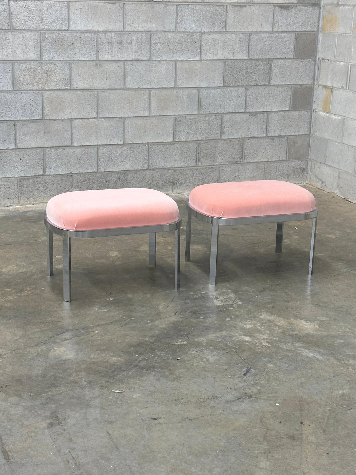 Frisman Vintage Large Chrome Stools or Ottomans Attributed to Milo Baughman- A Pair