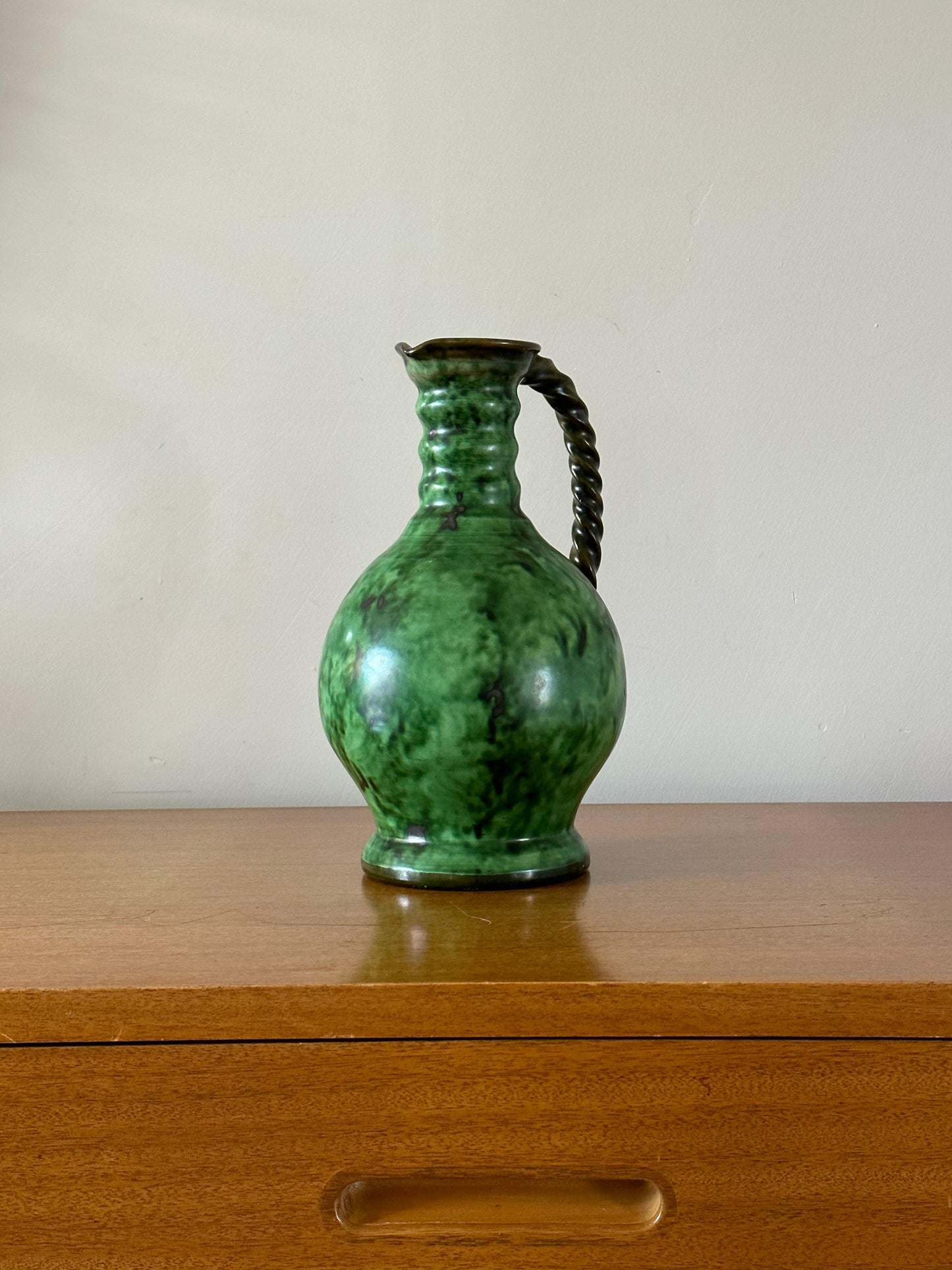 Frisman Vintage Erik Mornils Handled Pitcher Vase for Nittsjö Keramik, Sweden, Malachite Glaze