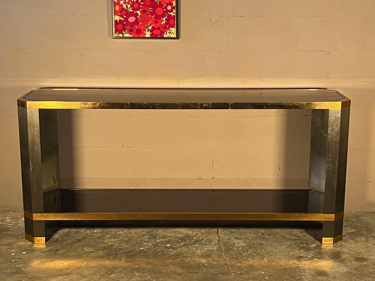 Frisman Vintage Brass And Black Glass Console Ron Seff, 1970's