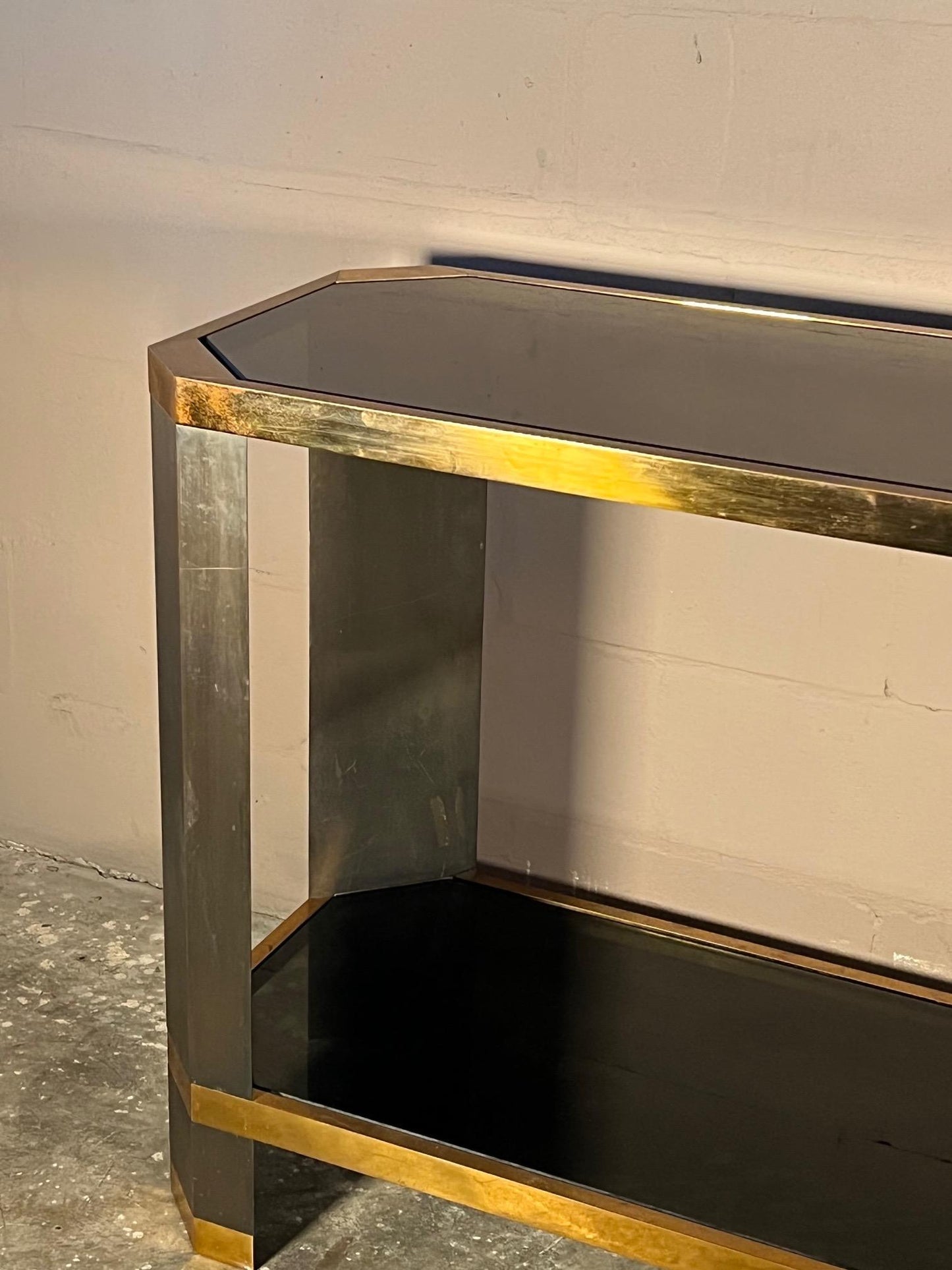 Frisman Vintage Brass And Black Glass Console Ron Seff, 1970's