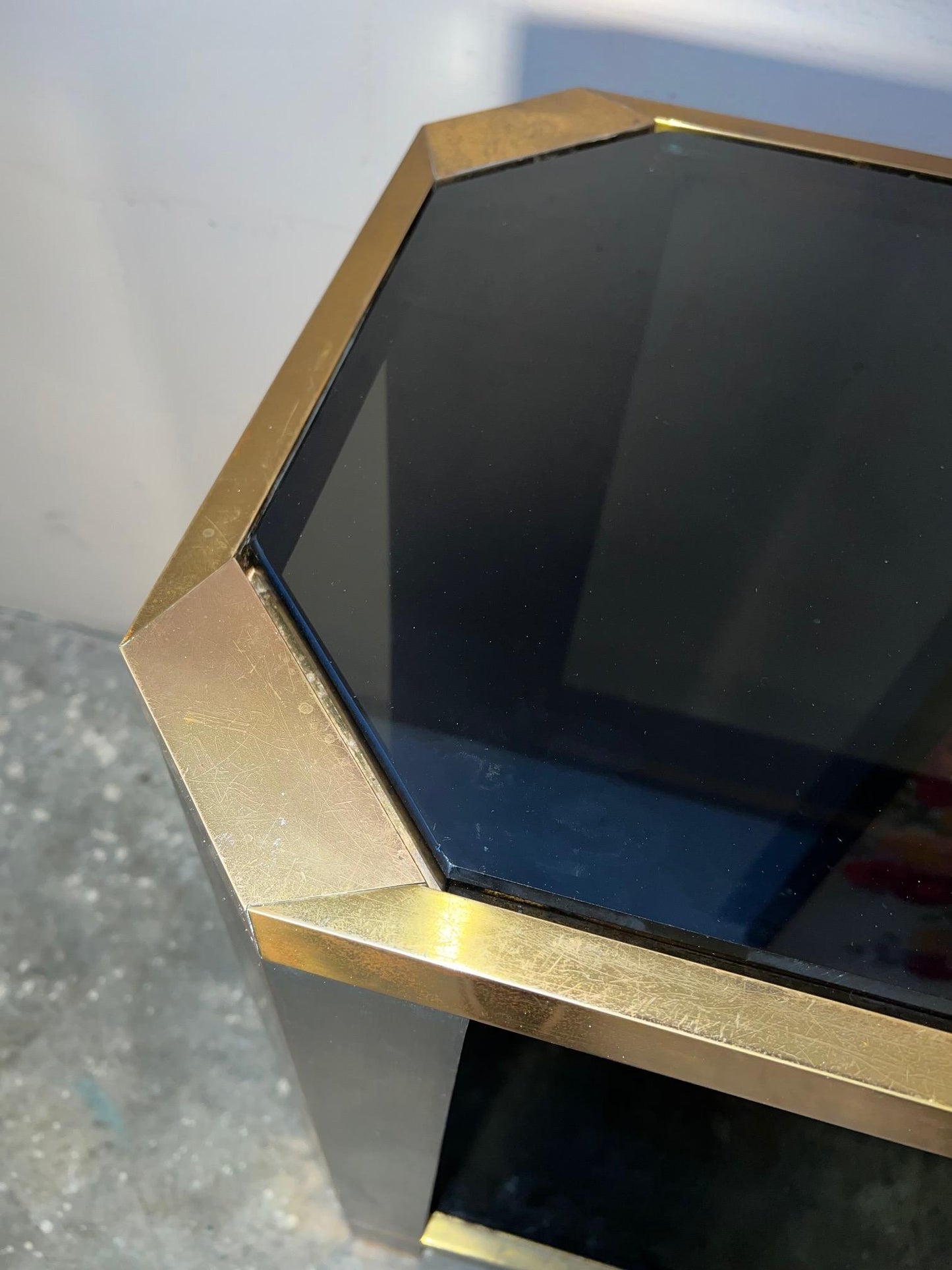 Frisman Vintage Brass And Black Glass Console Ron Seff, 1970's