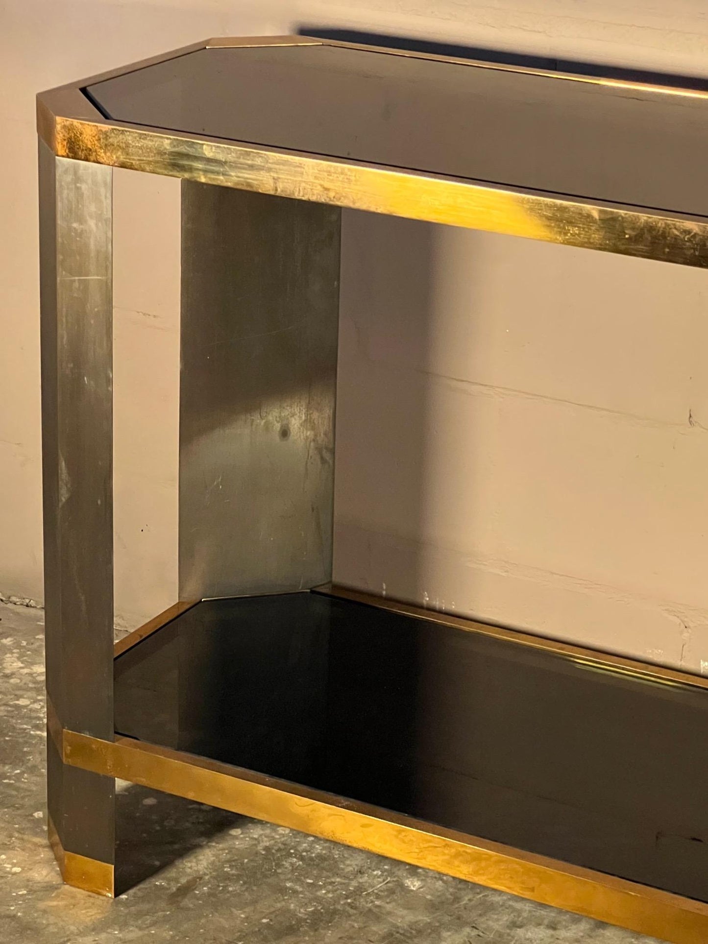 Frisman Vintage Brass And Black Glass Console Ron Seff, 1970's