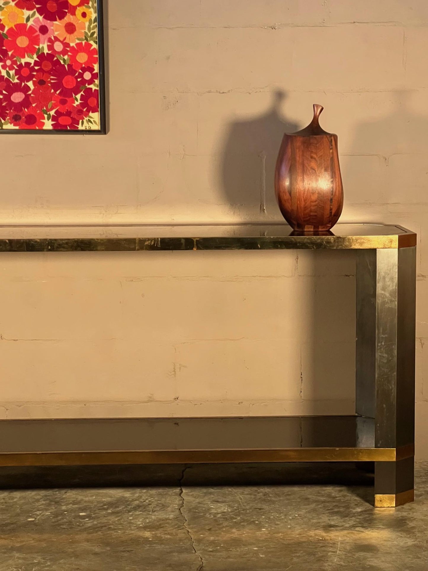 Frisman Vintage Brass And Black Glass Console Ron Seff, 1970's