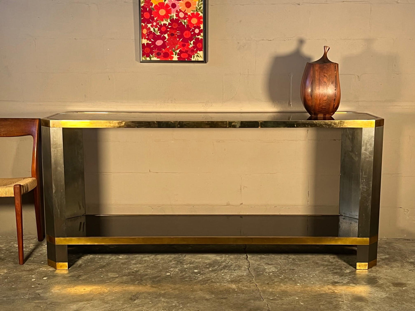 Frisman Vintage Brass And Black Glass Console Ron Seff, 1970's