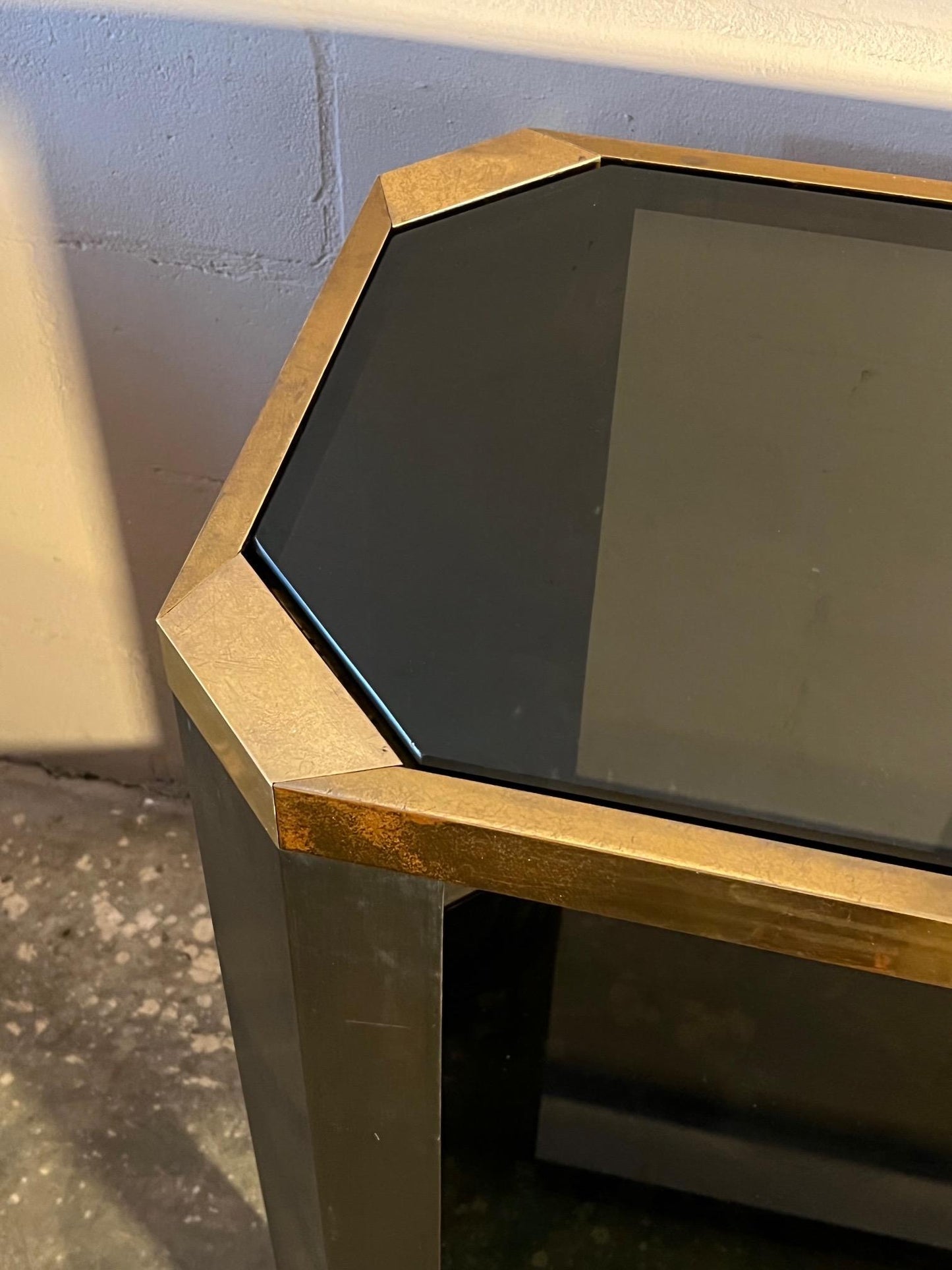 Frisman Vintage Brass And Black Glass Console Ron Seff, 1970's