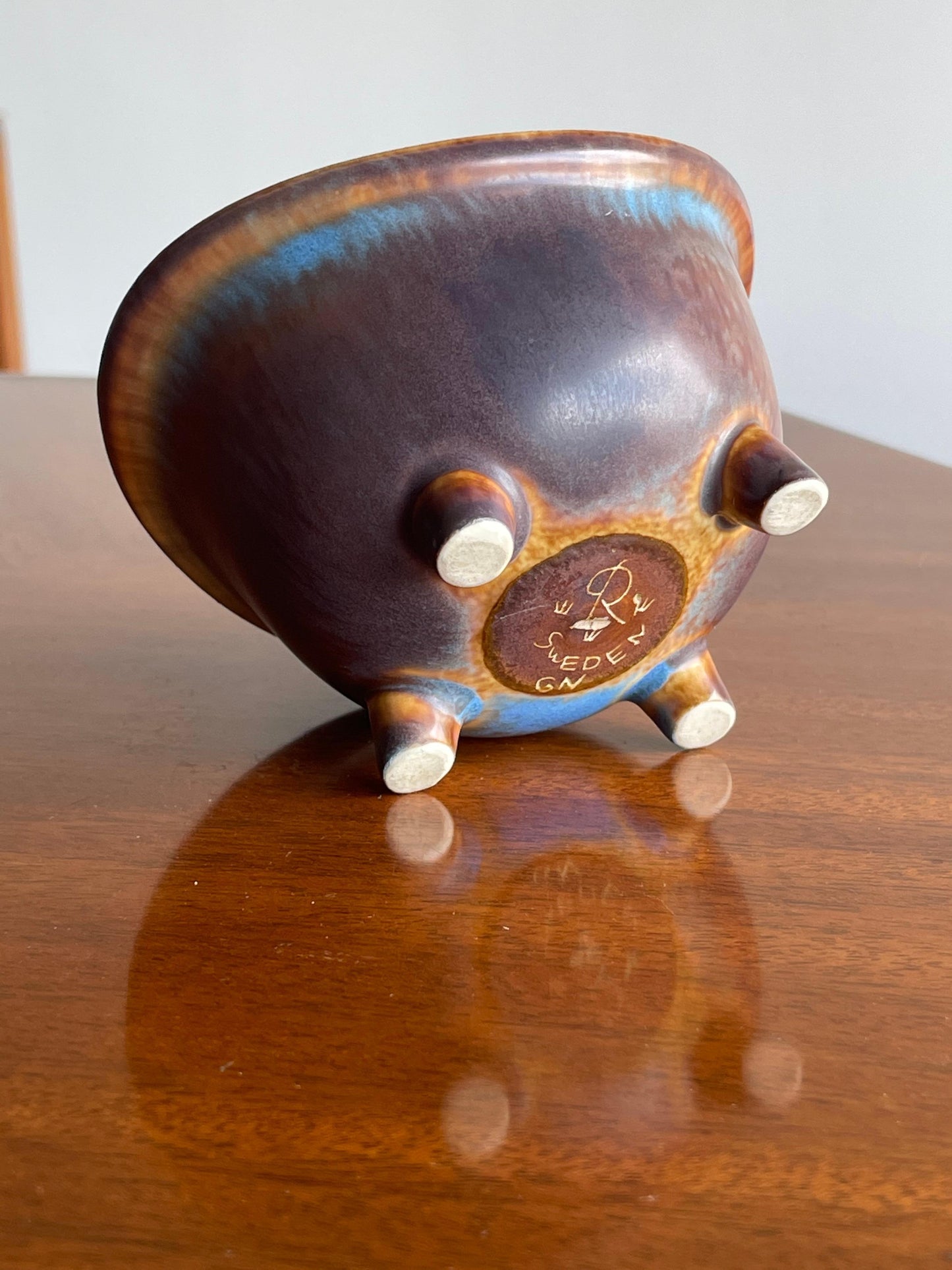 Frisman Vintage Gunnar Nylund for Rörstrand Rare Footed Bowl, Stoneware Ceramic Blue and Brown