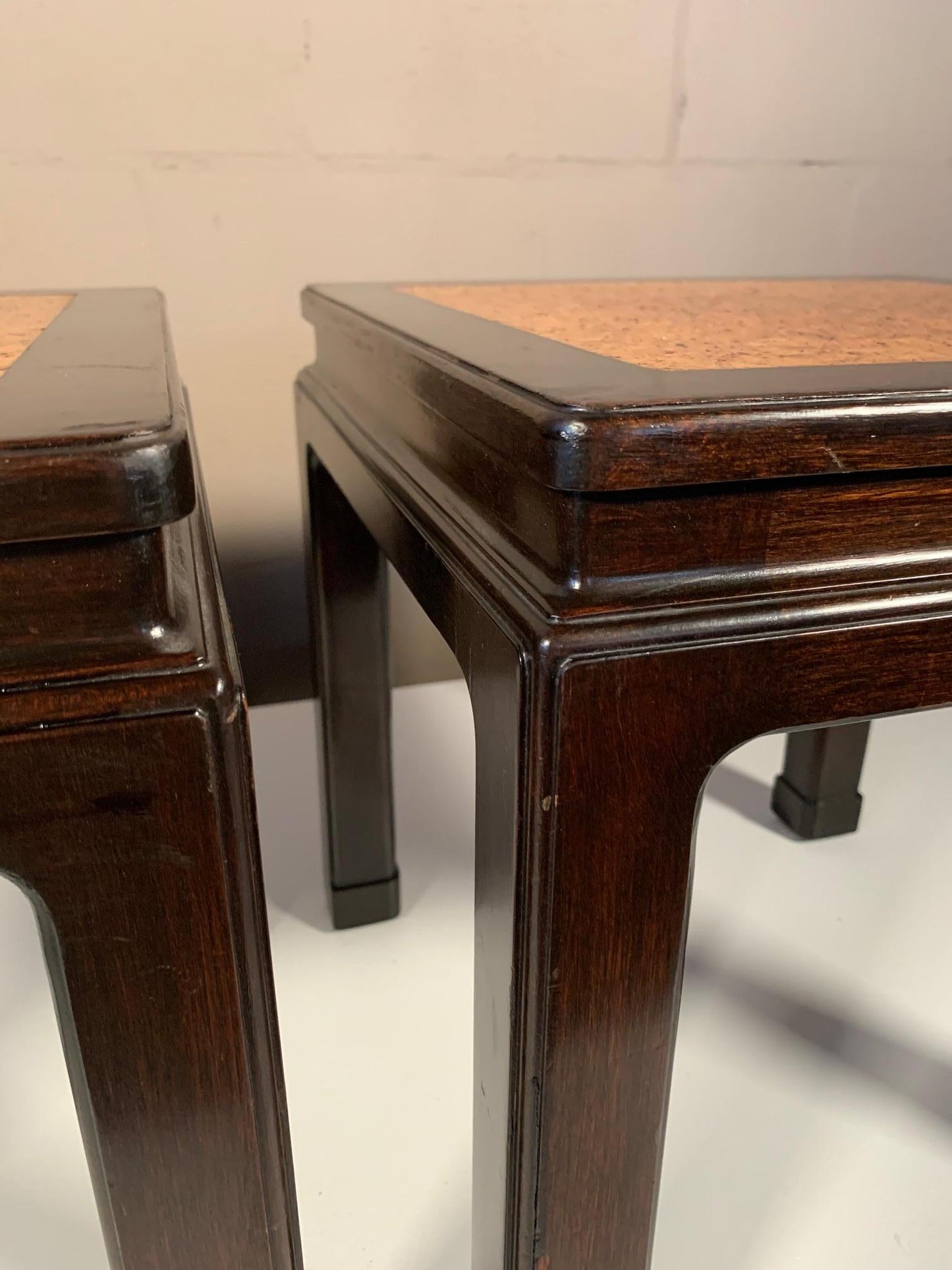 Frisman Vintage A Pair of Dunbar Occasional Tables Asian Style with Cork Tops