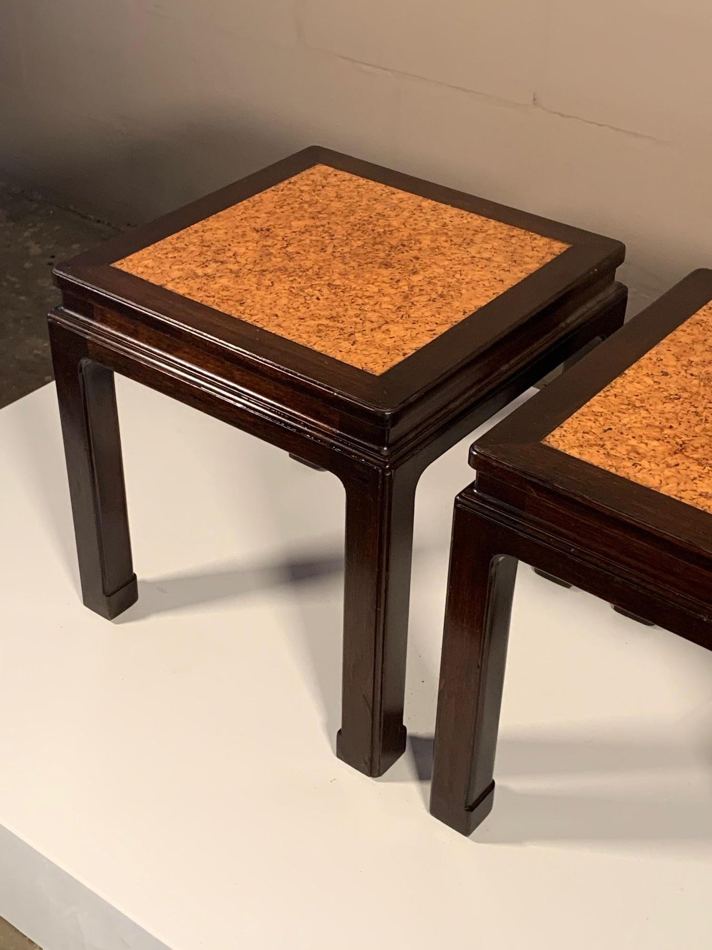 Frisman Vintage A Pair of Dunbar Occasional Tables Asian Style with Cork Tops