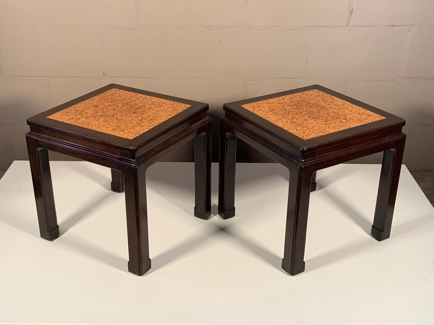 Frisman Vintage A Pair of Dunbar Occasional Tables Asian Style with Cork Tops