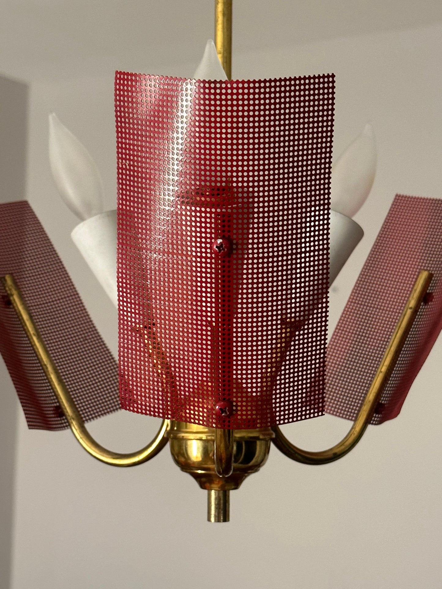 Frisman Vintage Mid Century Modern Perforated Red Metal and Brass Chandelier