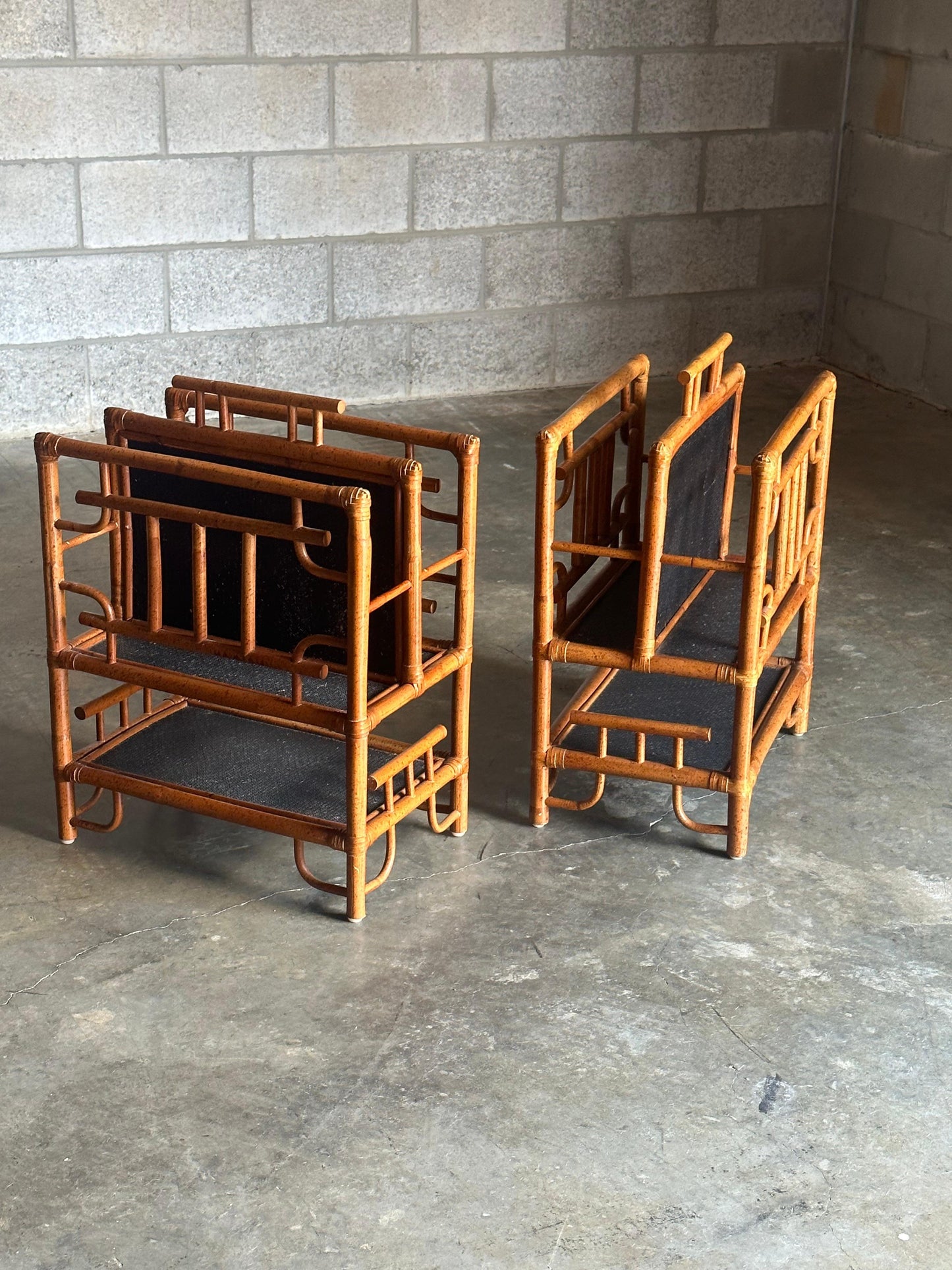 Frisman Vintage Vintage Pagoda British Colonial Style Bamboo and Cane Magazine Racks- a Pair