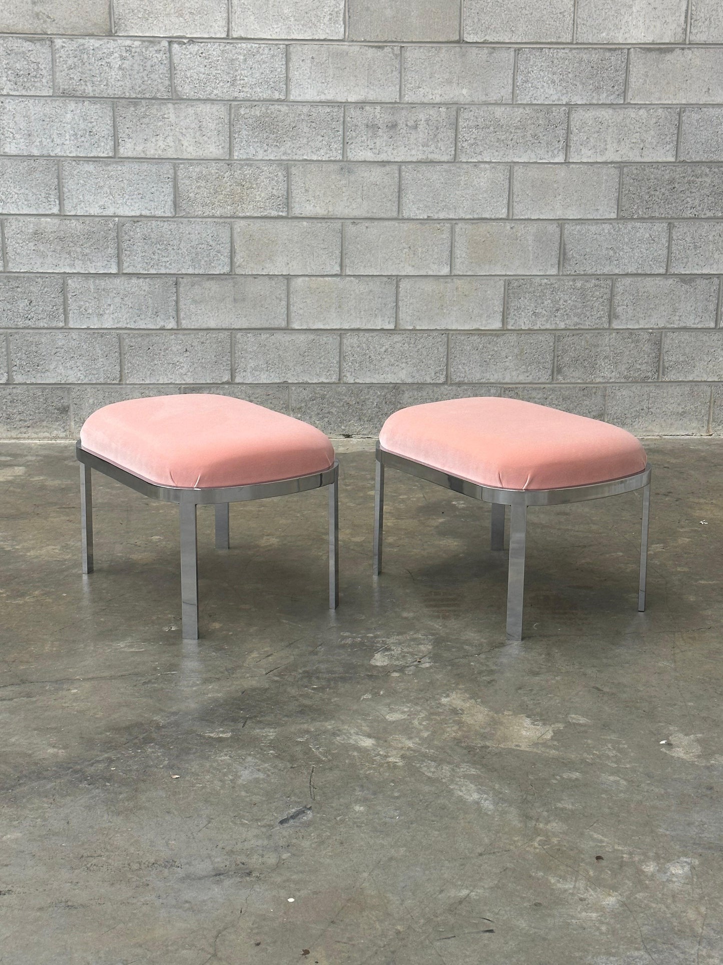Frisman Vintage Large Chrome Stools or Ottomans Attributed to Milo Baughman- A Pair