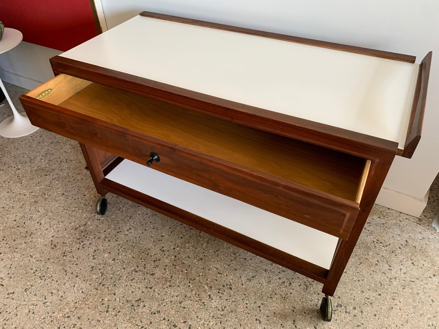 Frisman Vintage Glenn of California Hostess Bar Cart in Walnut and White Formica