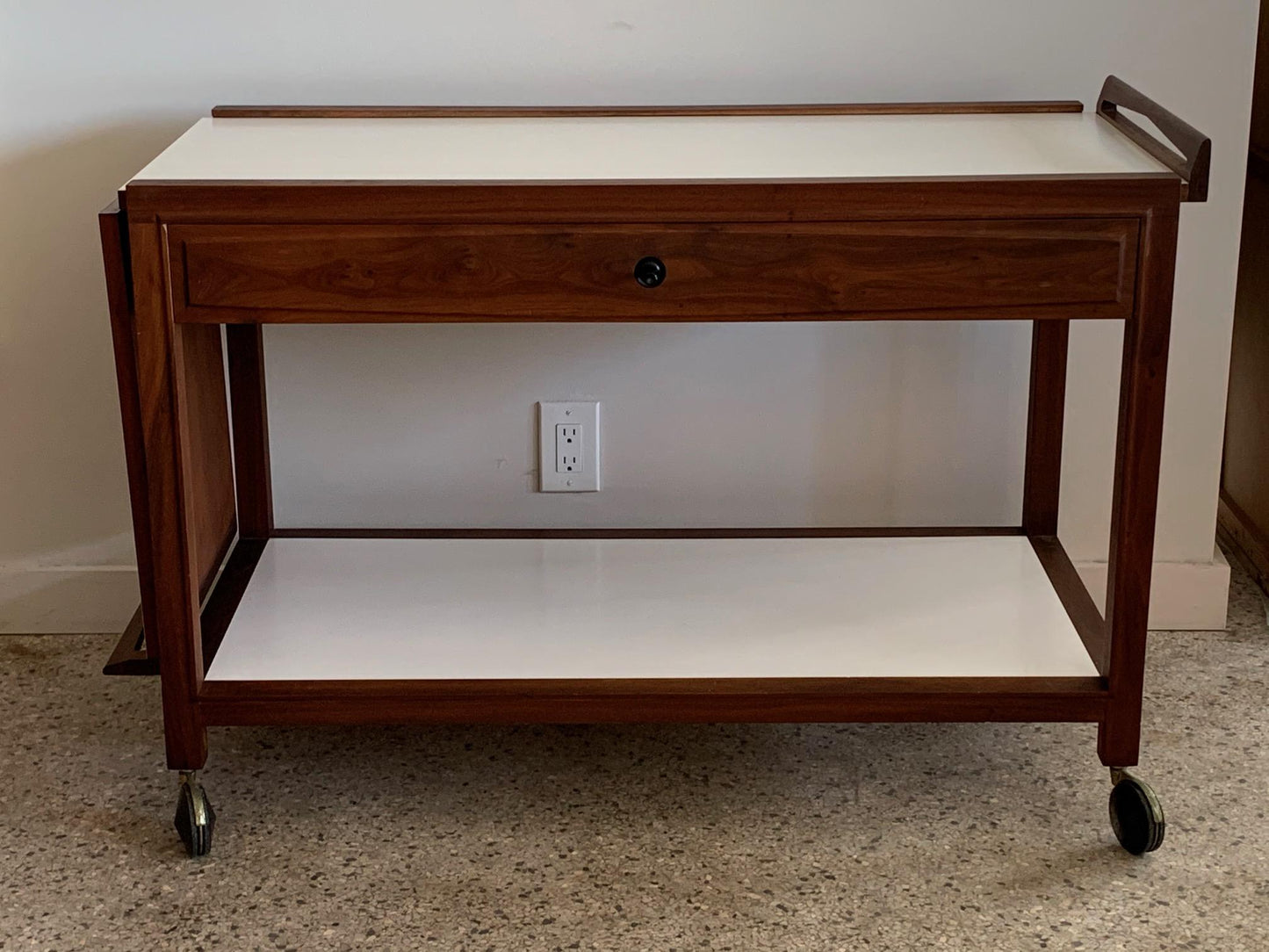 Frisman Vintage Glenn of California Hostess Bar Cart in Walnut and White Formica