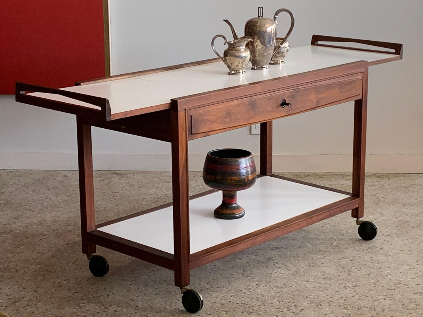 Frisman Vintage Glenn of California Hostess Bar Cart in Walnut and White Formica