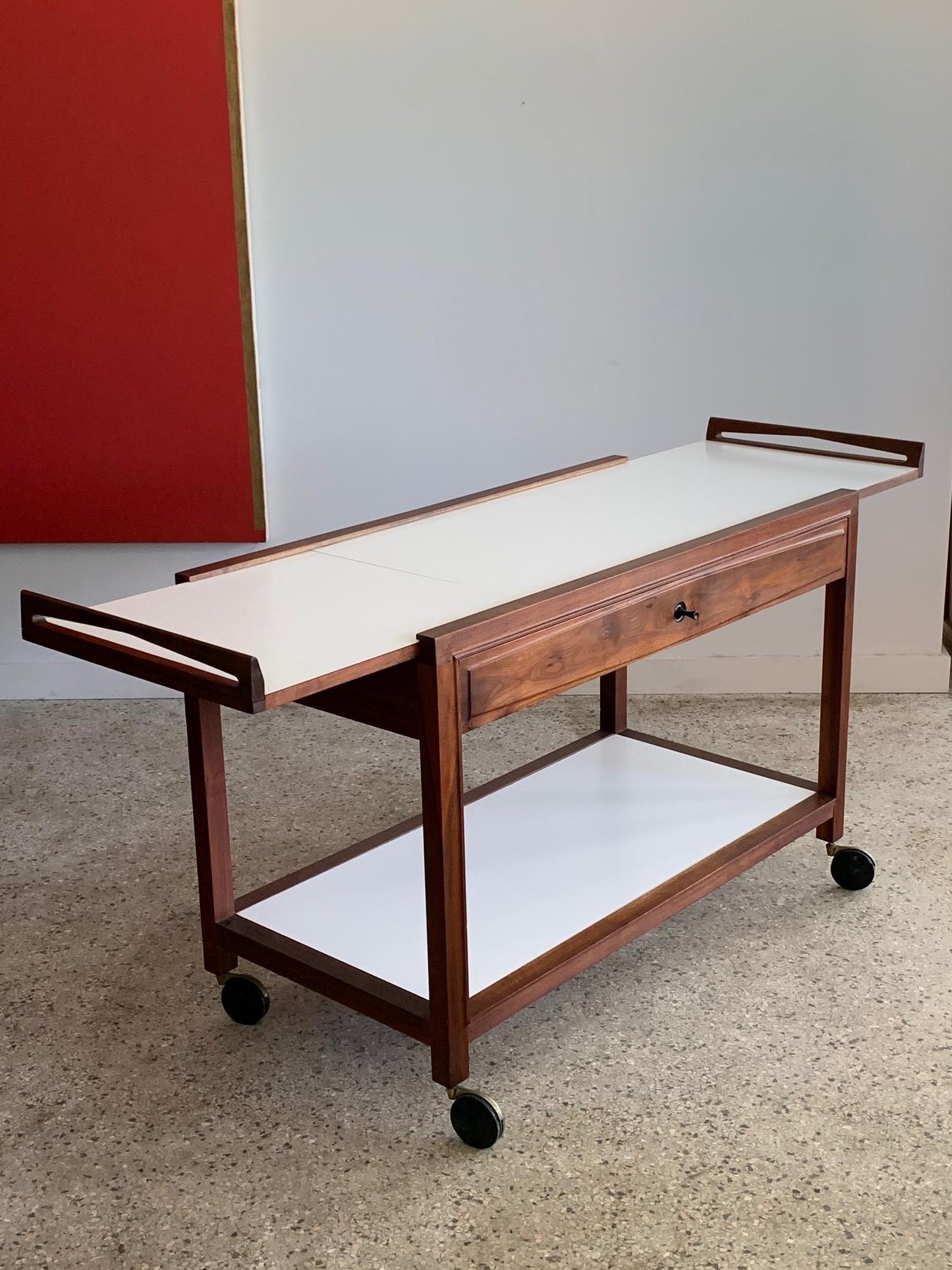 Frisman Vintage Glenn of California Hostess Bar Cart in Walnut and White Formica