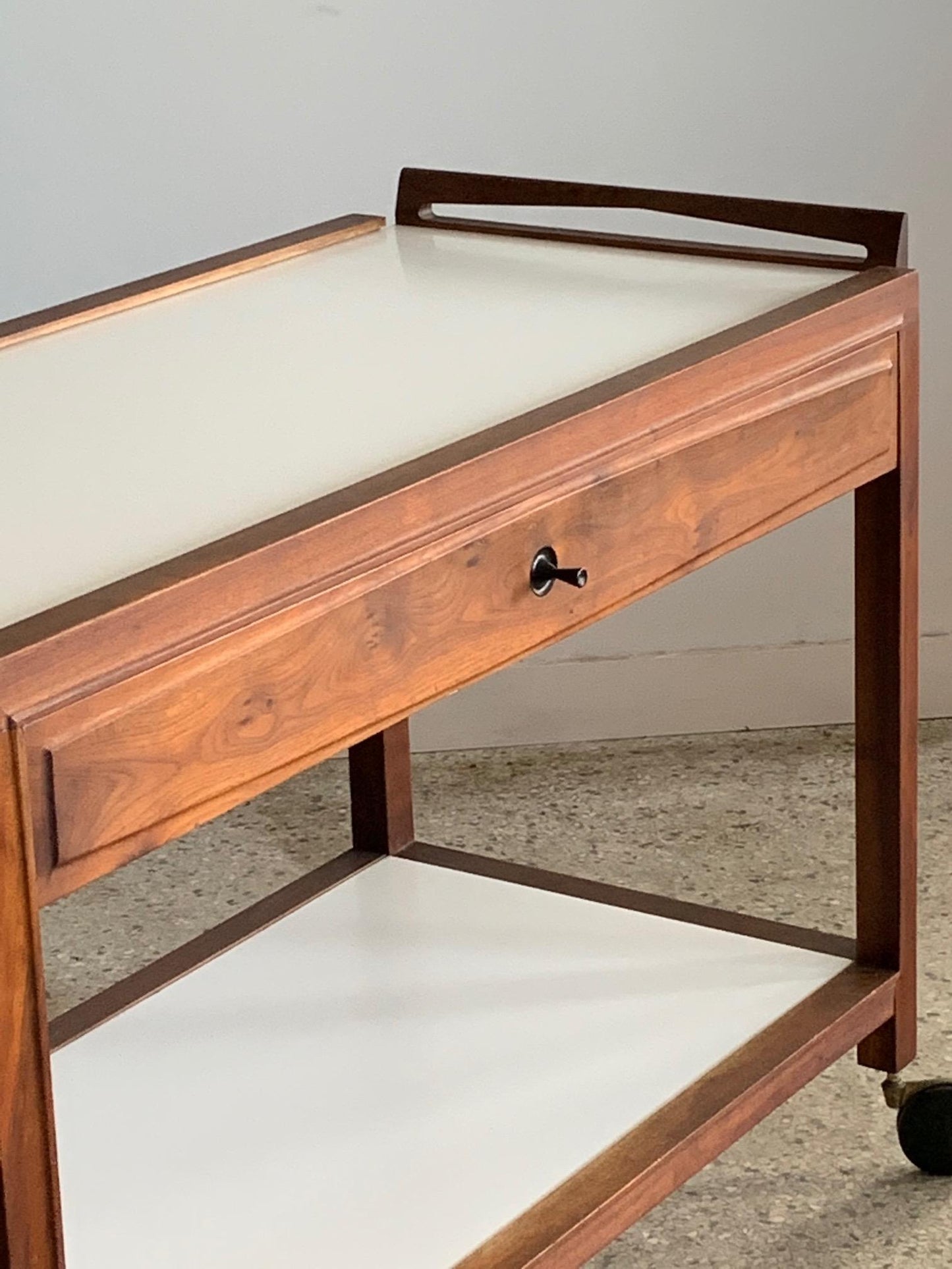 Frisman Vintage Glenn of California Hostess Bar Cart in Walnut and White Formica