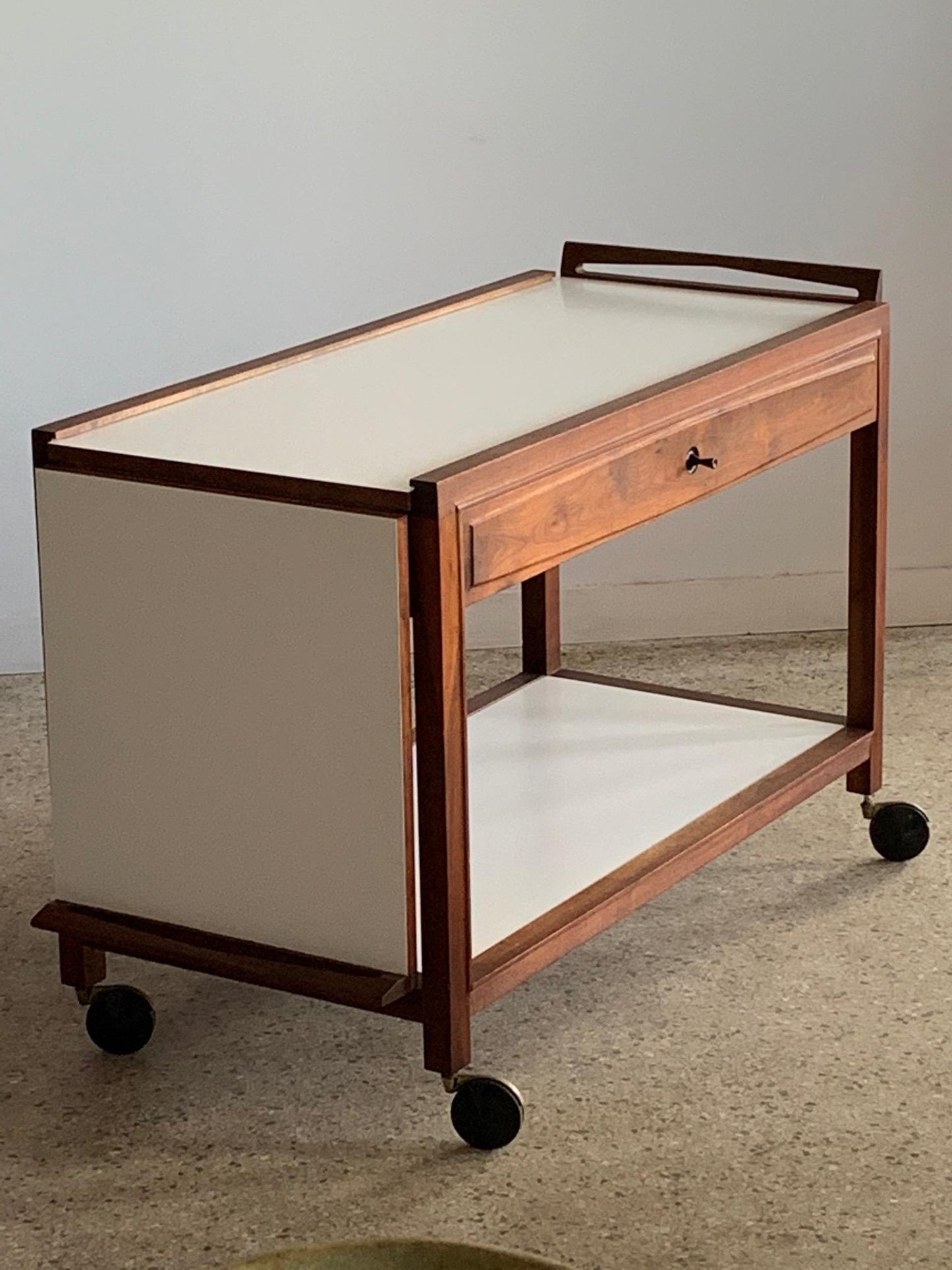 Frisman Vintage Glenn of California Hostess Bar Cart in Walnut and White Formica