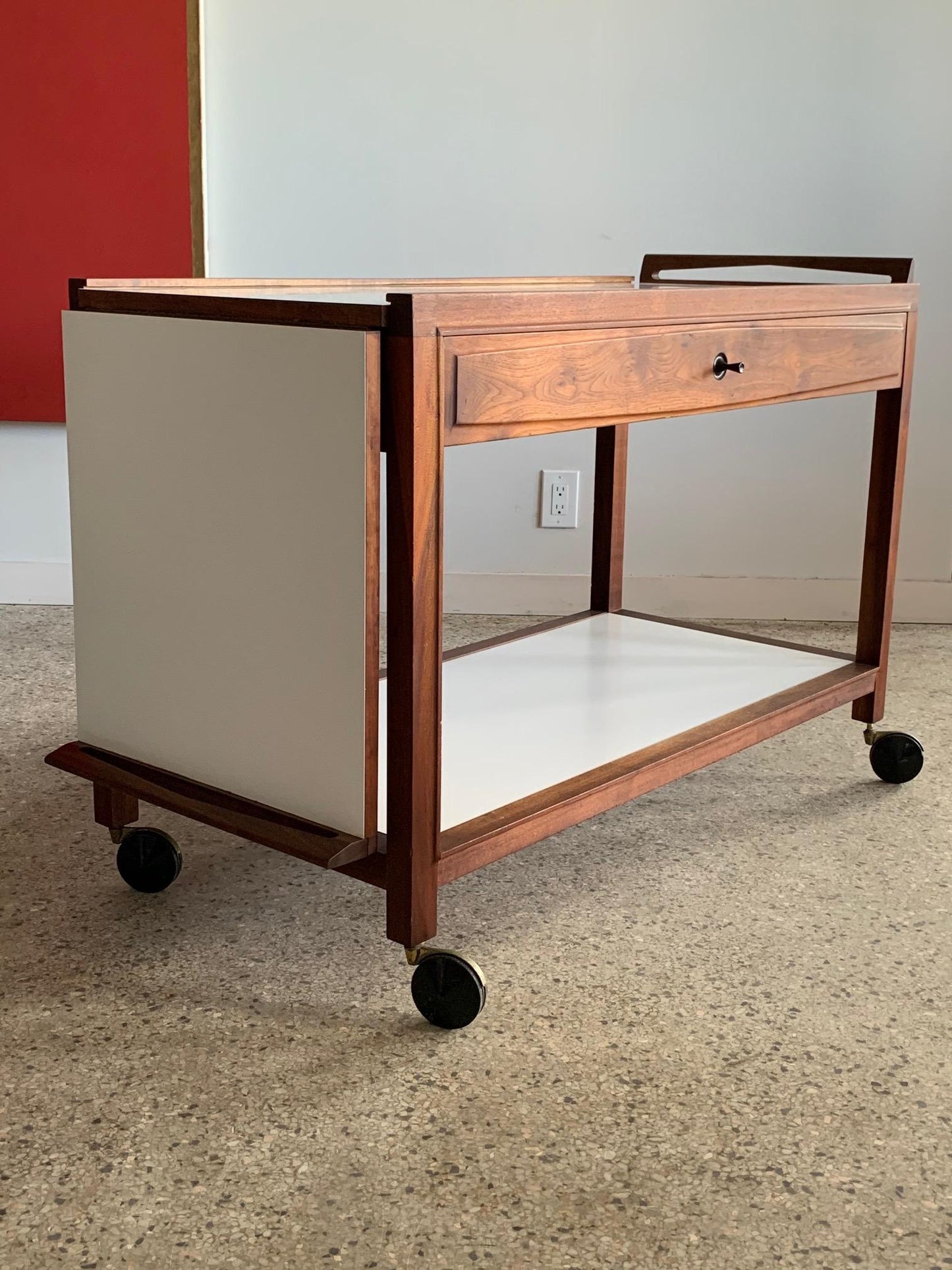Frisman Vintage Glenn of California Hostess Bar Cart in Walnut and White Formica