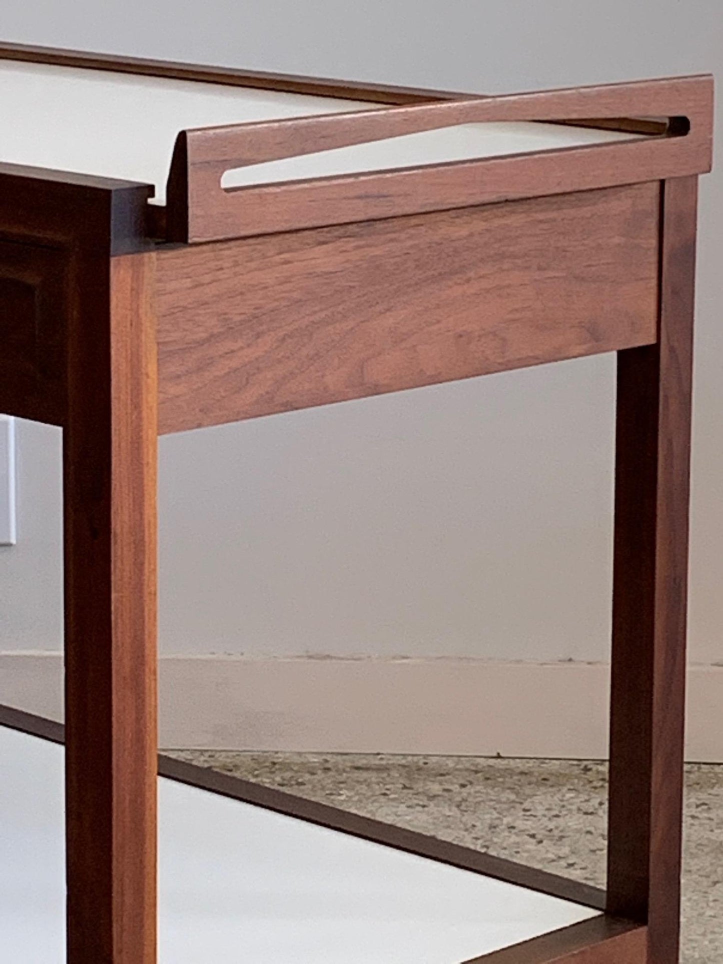 Frisman Vintage Glenn of California Hostess Bar Cart in Walnut and White Formica