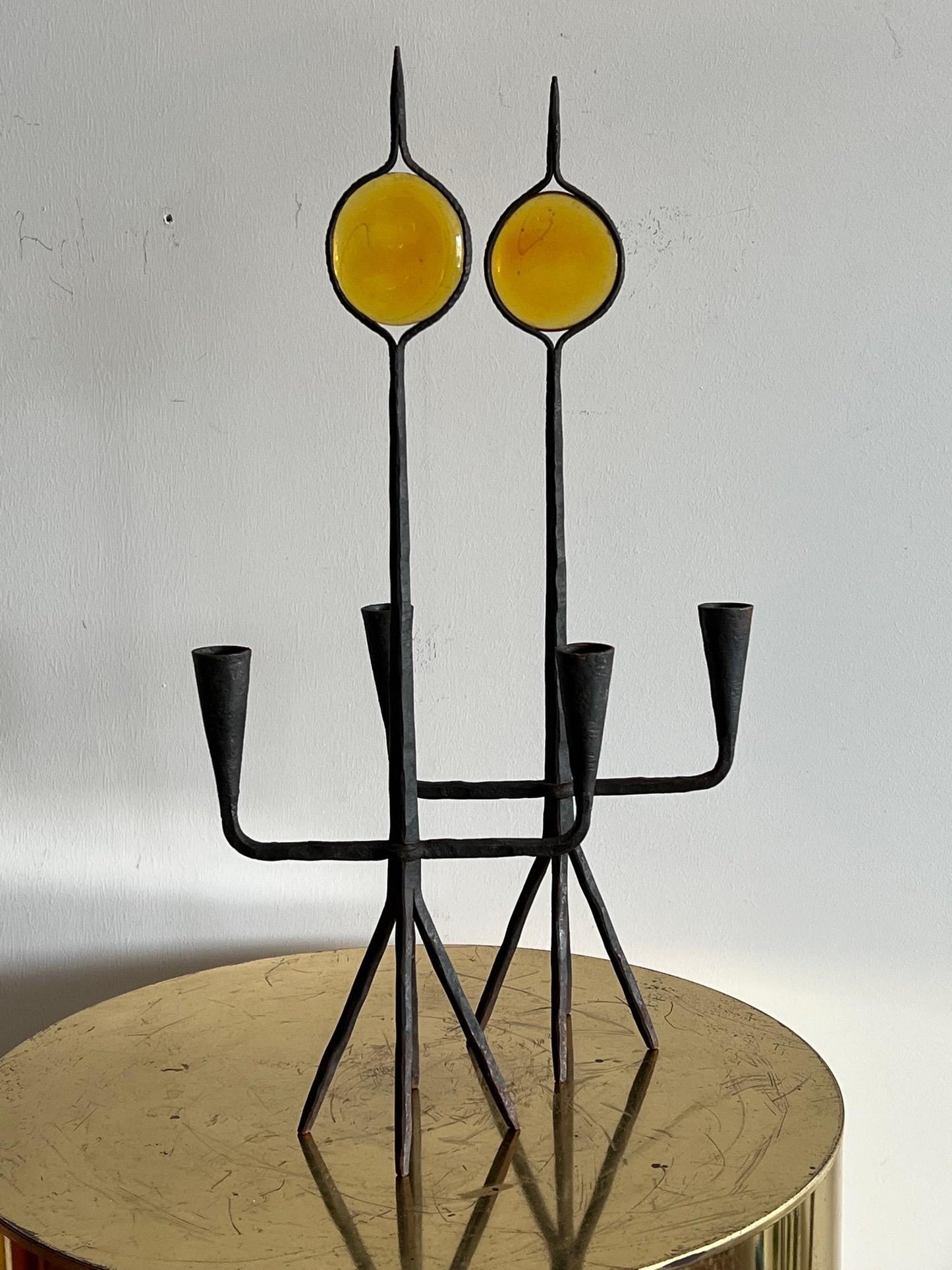 Frisman Vintage Modernist Candle Holders Kosta Boda Amber Glass
