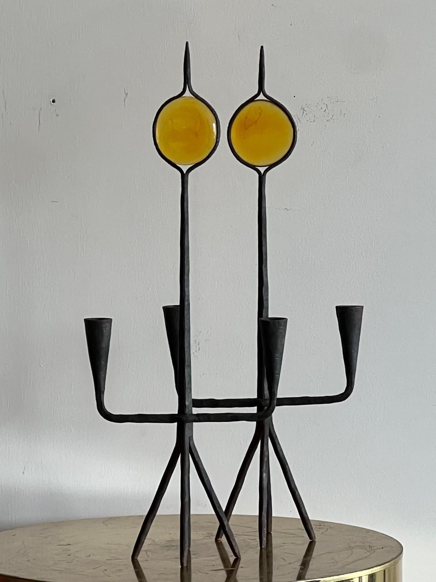 Frisman Vintage Modernist Candle Holders Kosta Boda Amber Glass
