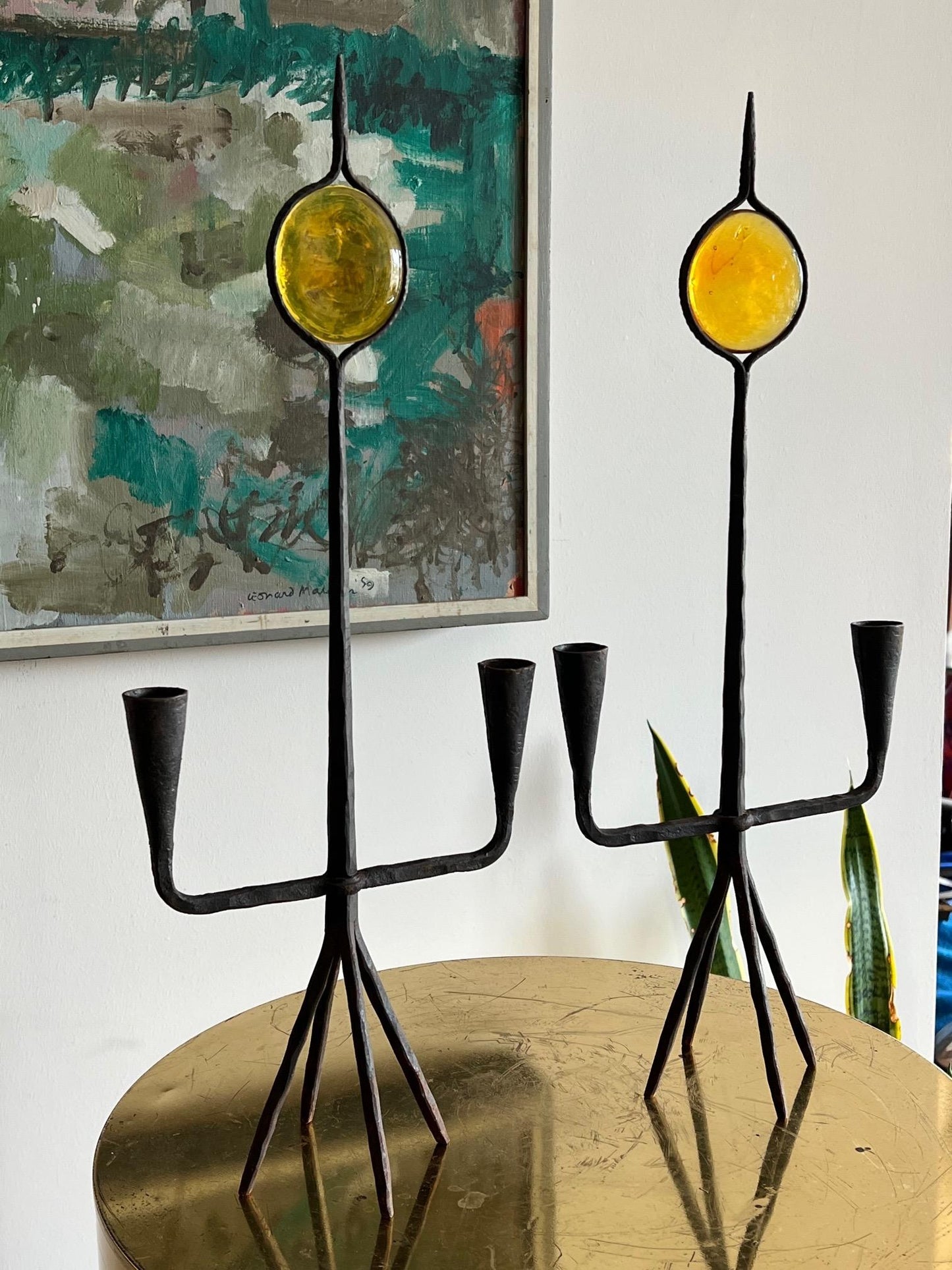 Frisman Vintage Modernist Candle Holders Kosta Boda Amber Glass
