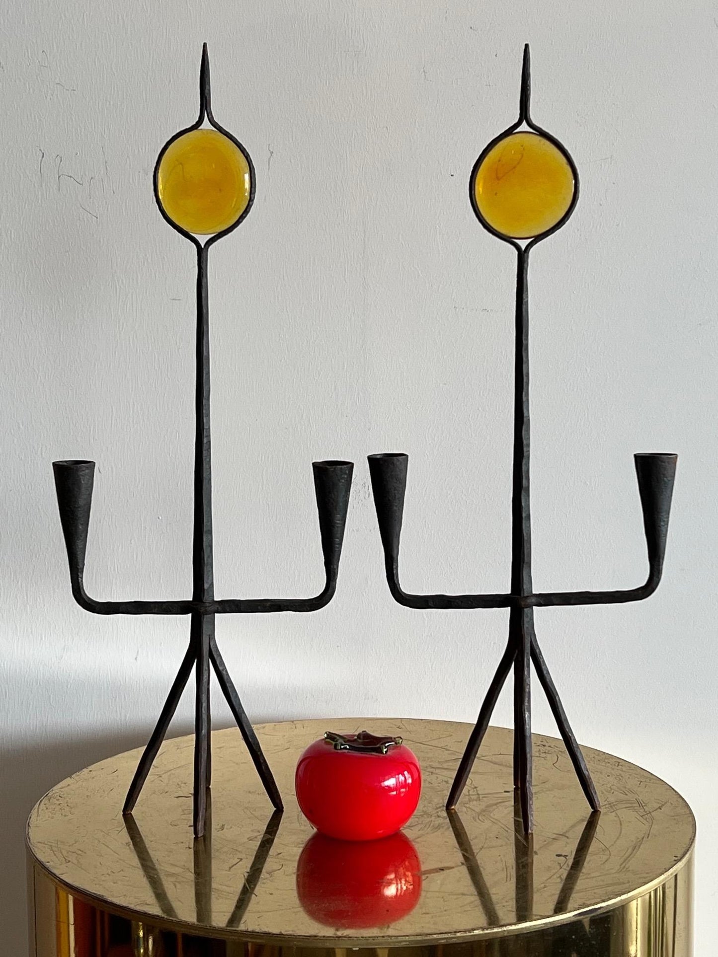 Frisman Vintage Modernist Candle Holders Kosta Boda Amber Glass