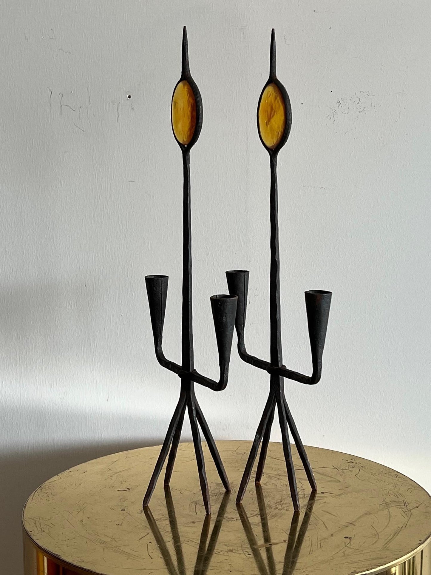 Frisman Vintage Modernist Candle Holders Kosta Boda Amber Glass