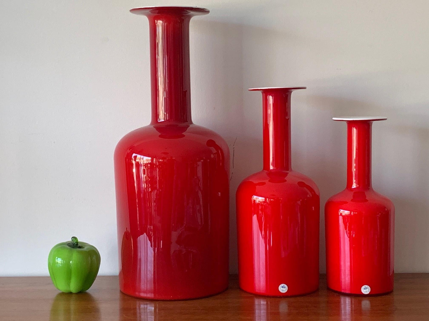 Frisman Vintage Group of Three Red Otto Bauer Holmegaard Bottles
