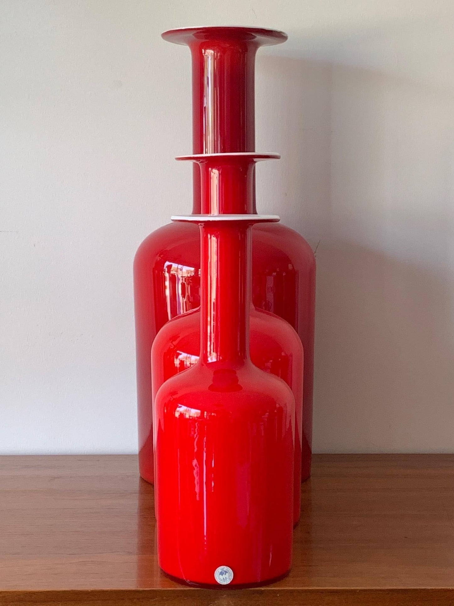 Frisman Vintage Group of Three Red Otto Bauer Holmegaard Bottles