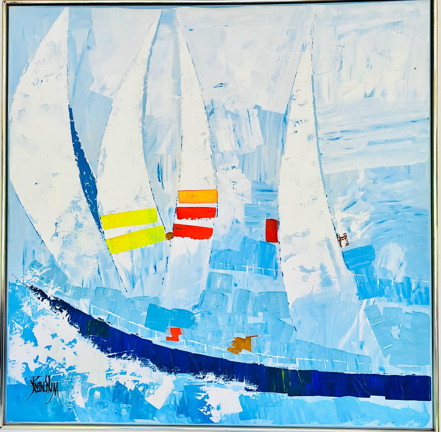Frisman Vintage Huge Vintage Kyung Kim MCM Abstract Cubist Sailboat Racing Nautical Oil Painting
