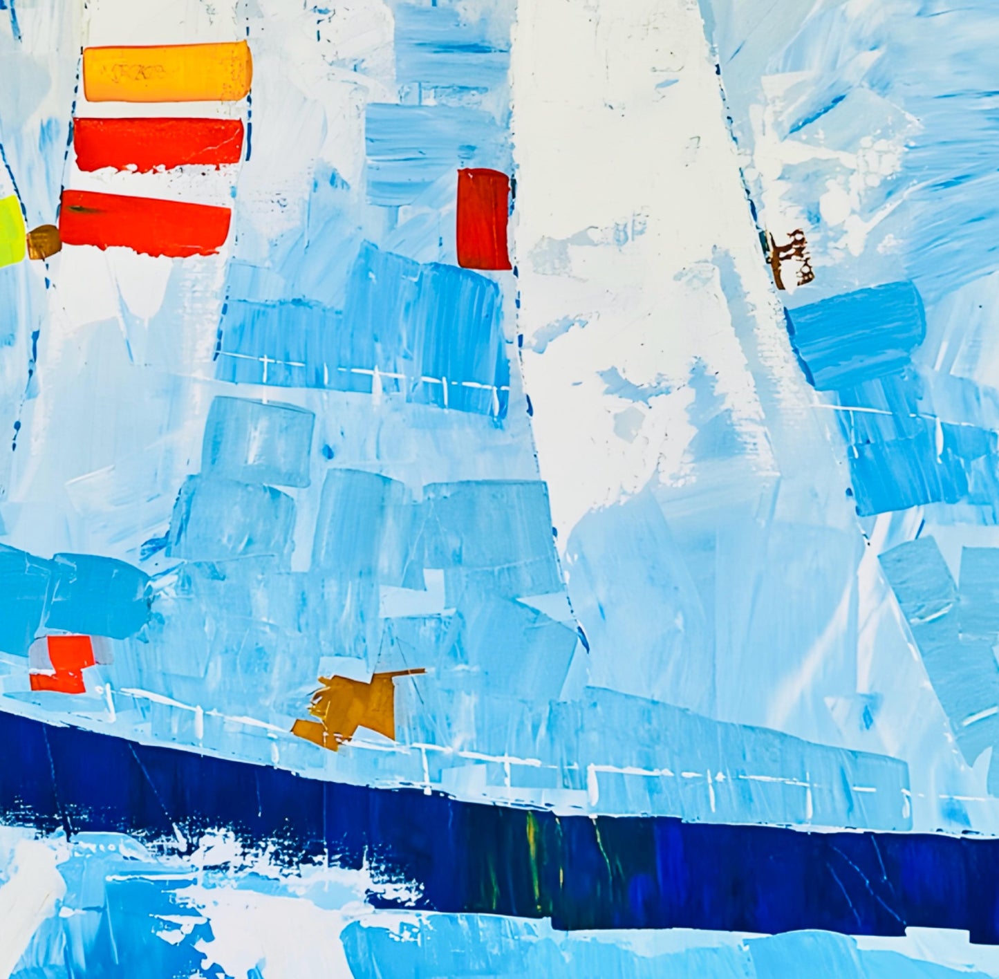 Frisman Vintage Huge Vintage Kyung Kim MCM Abstract Cubist Sailboat Racing Nautical Oil Painting