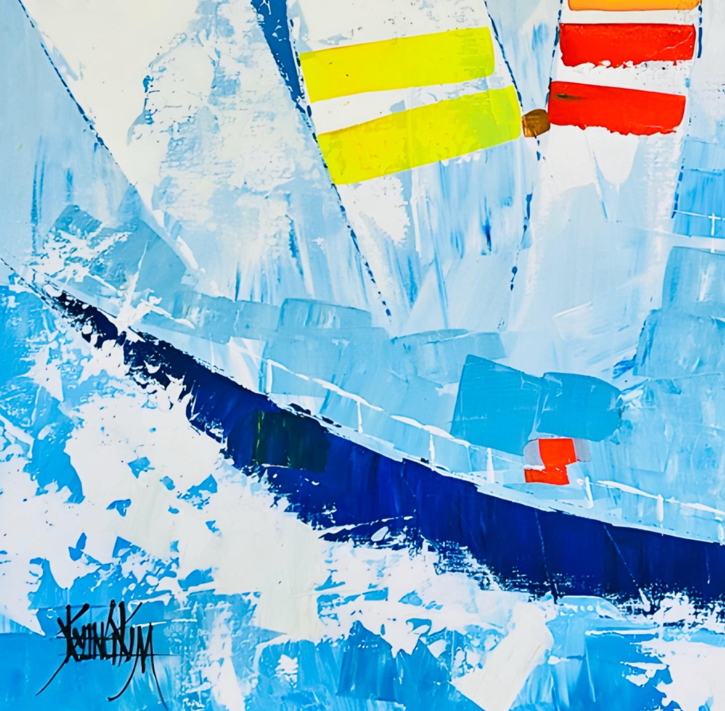 Frisman Vintage Huge Vintage Kyung Kim MCM Abstract Cubist Sailboat Racing Nautical Oil Painting