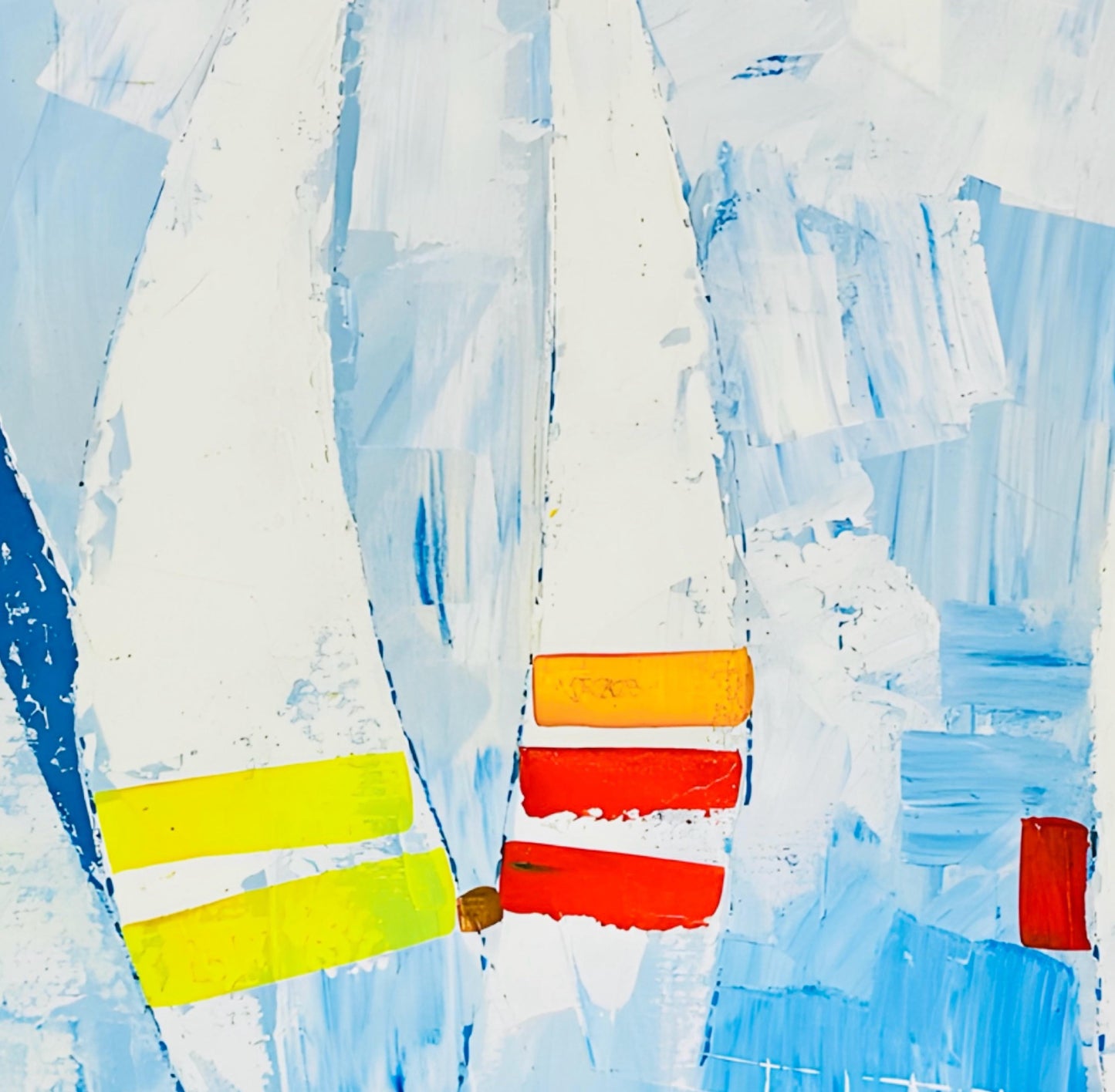 Frisman Vintage Huge Vintage Kyung Kim MCM Abstract Cubist Sailboat Racing Nautical Oil Painting