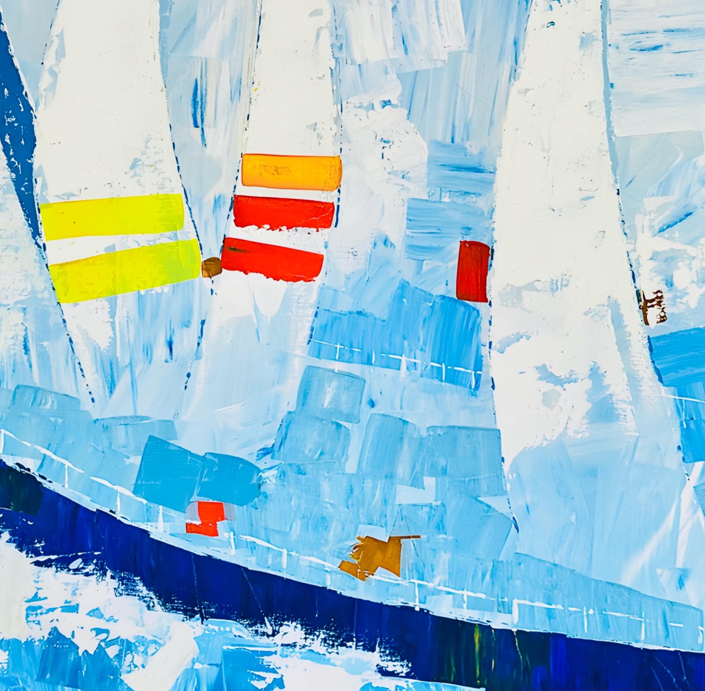 Frisman Vintage Huge Vintage Kyung Kim MCM Abstract Cubist Sailboat Racing Nautical Oil Painting