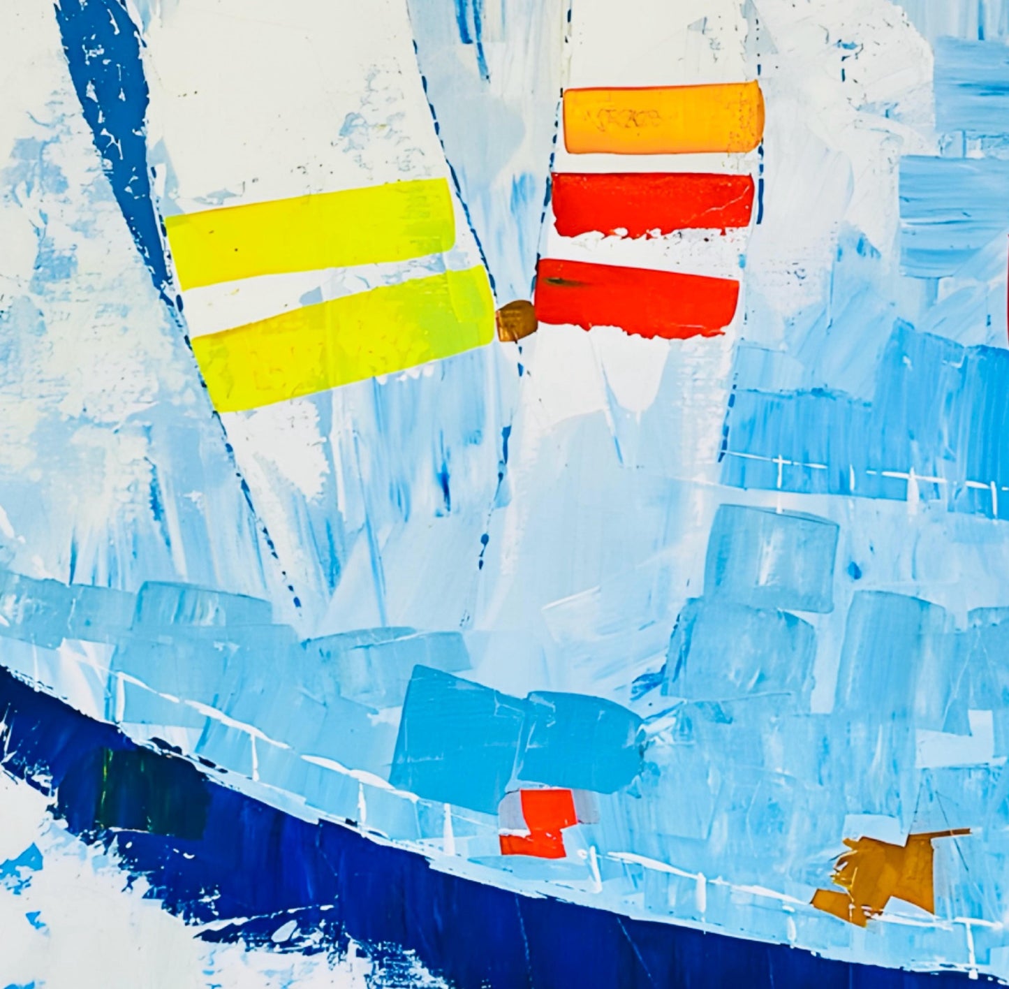 Frisman Vintage Huge Vintage Kyung Kim MCM Abstract Cubist Sailboat Racing Nautical Oil Painting