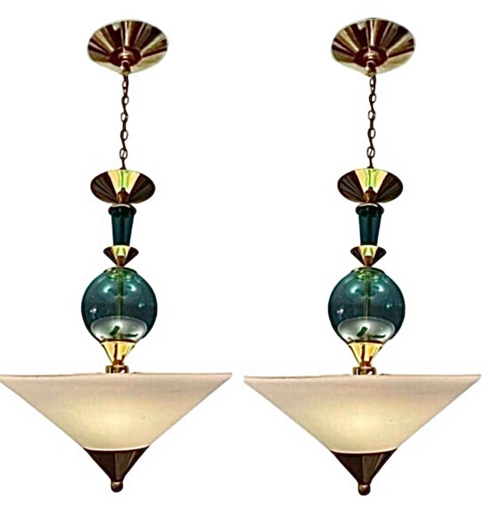 Frisman Vintage Pair Vintage Hivo Van Teal Mid Century Lucite Brass Elegant Hanging Pendants