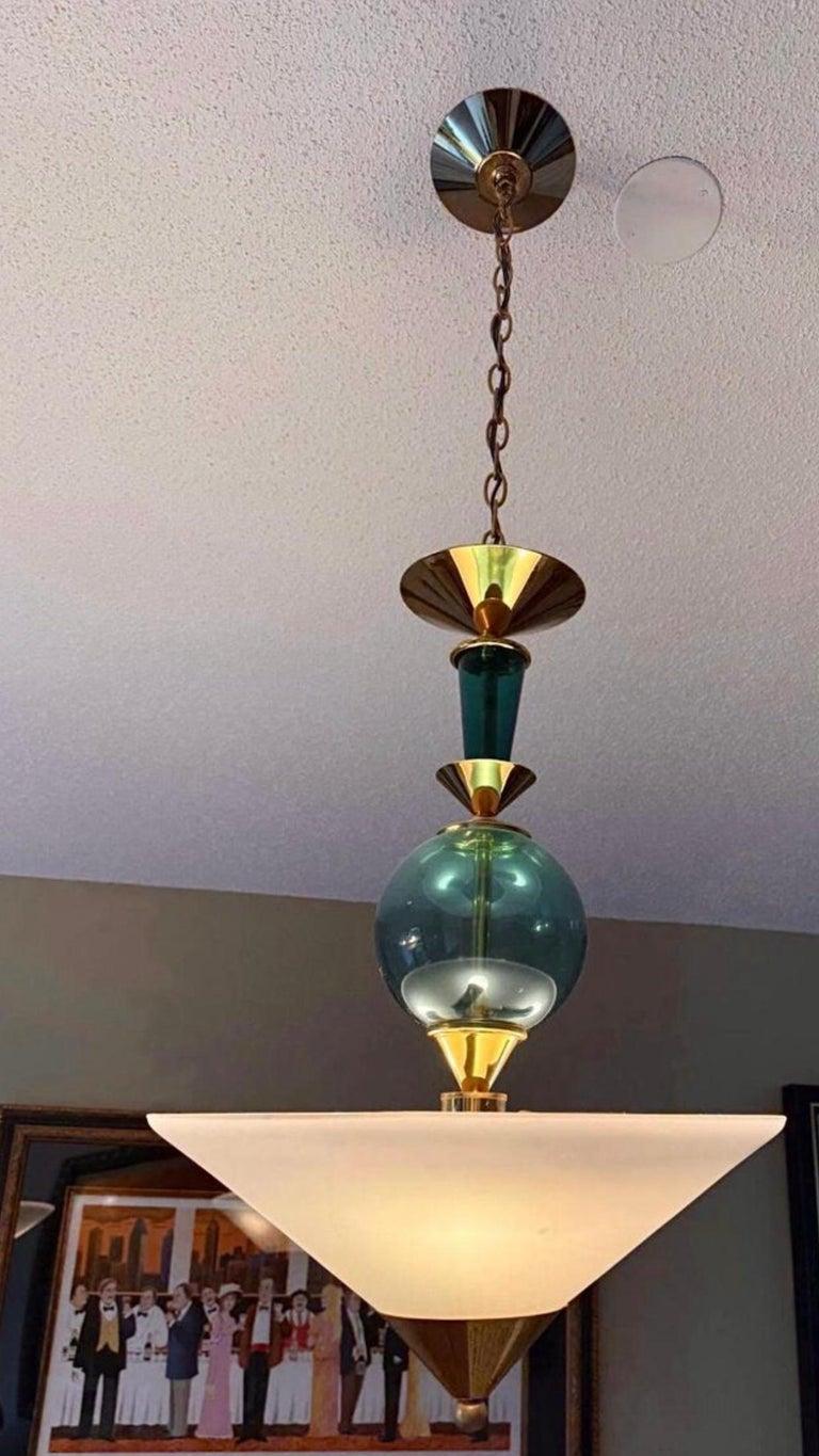 Frisman Vintage Pair Vintage Hivo Van Teal Mid Century Lucite Brass Elegant Hanging Pendants