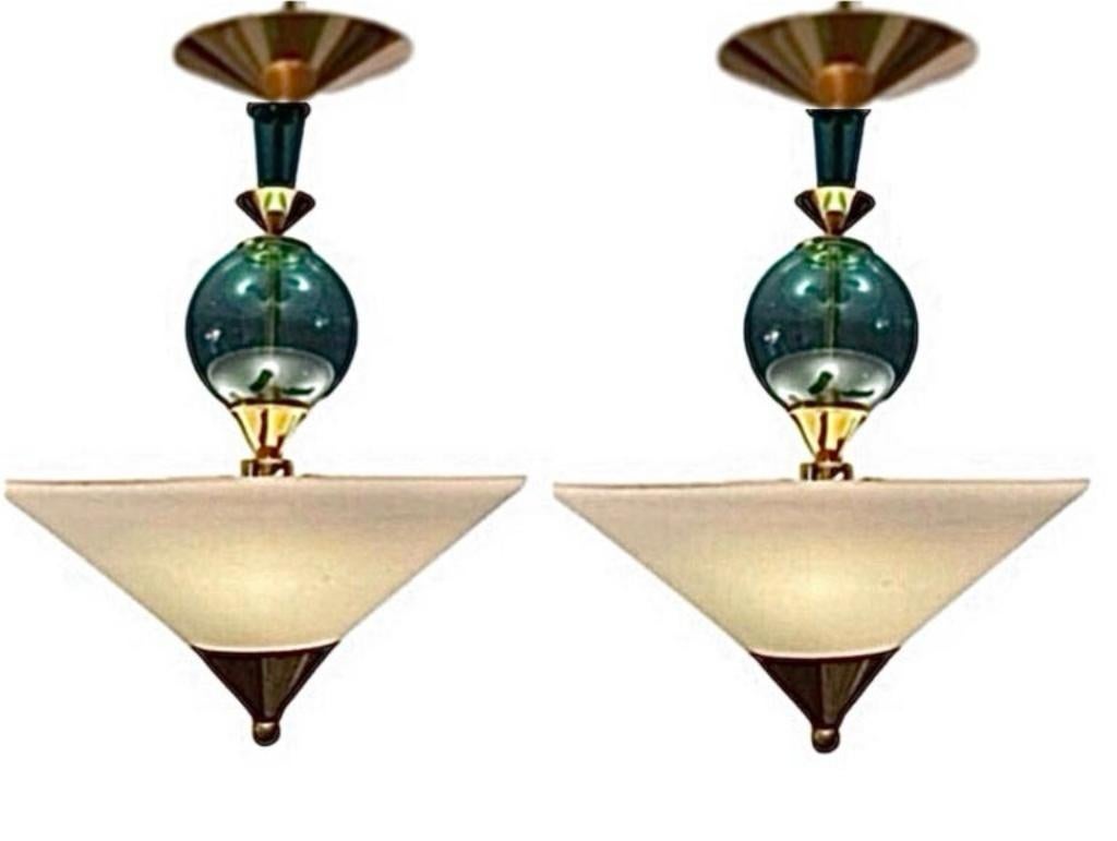 Frisman Vintage Pair Vintage Hivo Van Teal Mid Century Lucite Brass Elegant Hanging Pendants