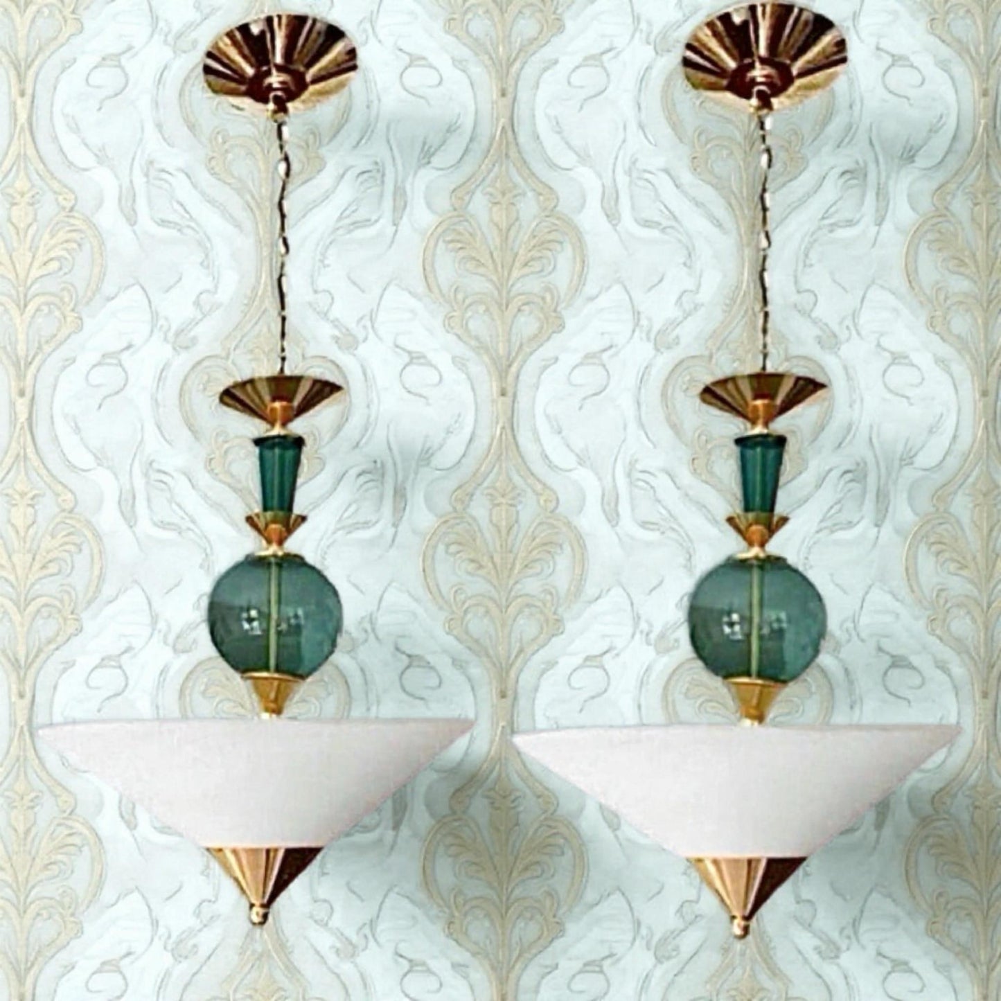 Frisman Vintage Pair Vintage Hivo Van Teal Mid Century Lucite Brass Elegant Hanging Pendants