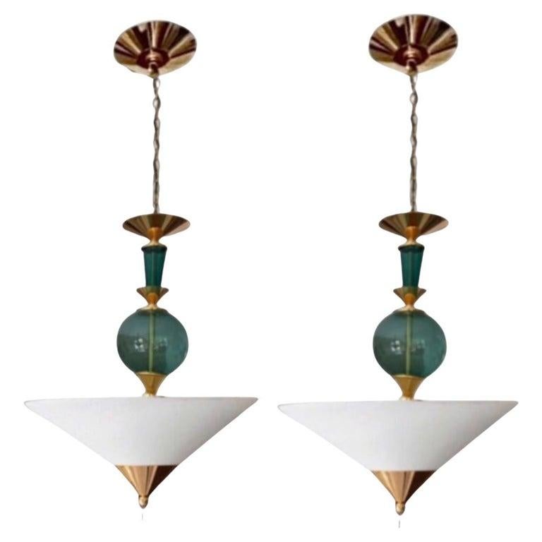 Frisman Vintage Pair Vintage Hivo Van Teal Mid Century Lucite Brass Elegant Hanging Pendants
