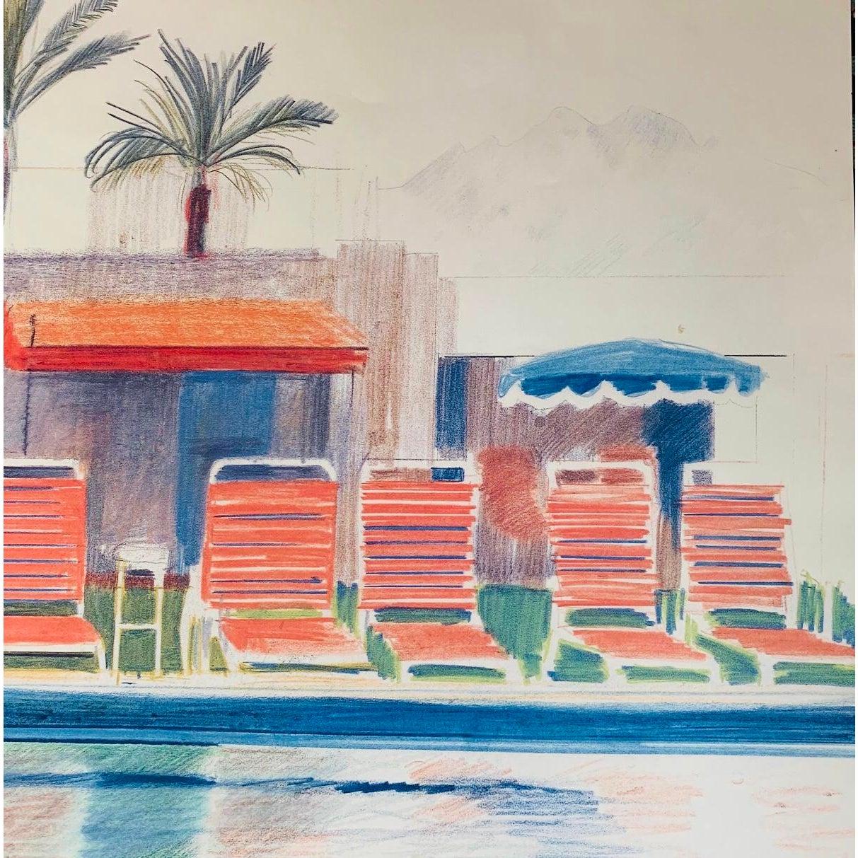 Frisman Vintage Original David Hockney Exhibition Lithograph Poster 8 Sun Chairs by a Pool 1976