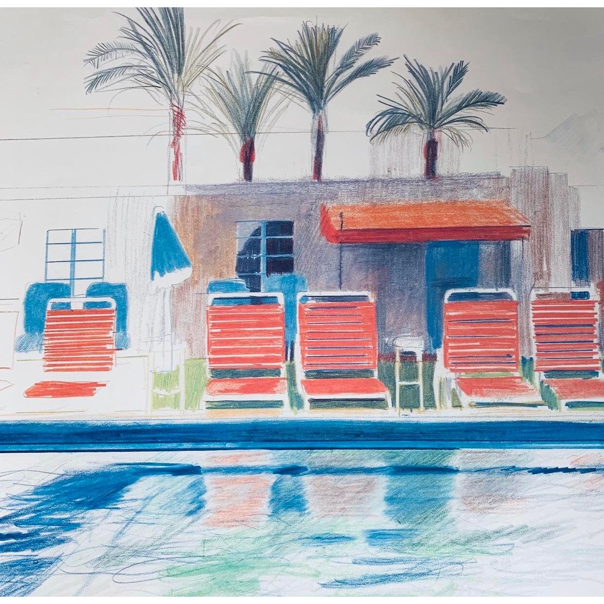 Frisman Vintage Original David Hockney Exhibition Lithograph Poster 8 Sun Chairs by a Pool 1976
