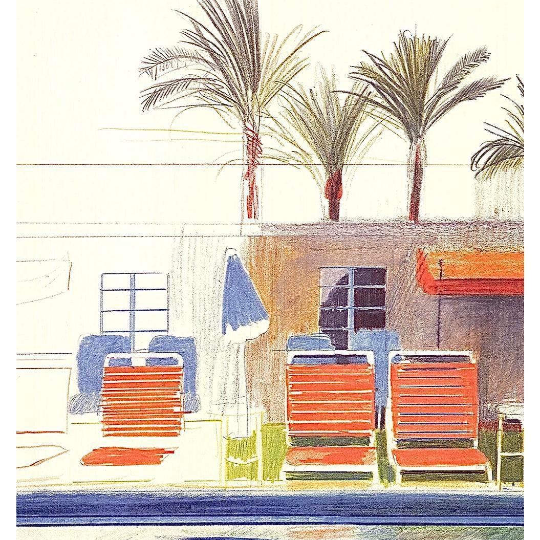 Frisman Vintage Original David Hockney Exhibition Lithograph Poster 8 Sun Chairs by a Pool 1976