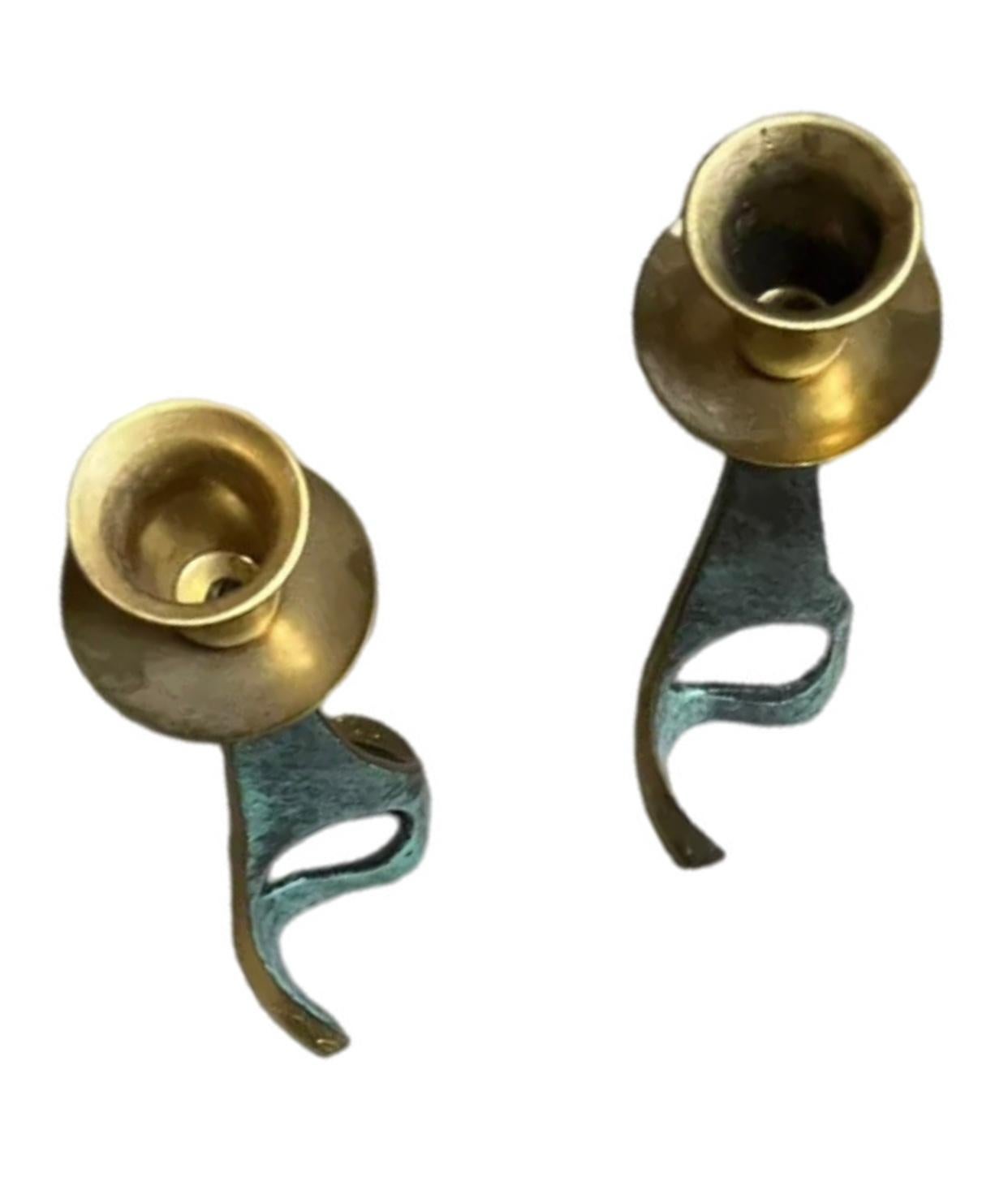 Frisman Vintage 50s Pair Vintage Pal Bell Abstract Modernist Brass Verdigris CandleHolder Israel