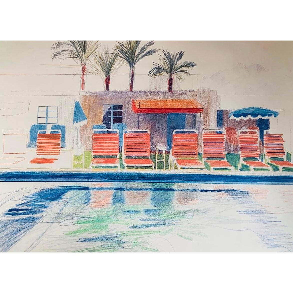 Frisman Vintage Original David Hockney Exhibition Lithograph Poster 8 Sun Chairs by a Pool 1976